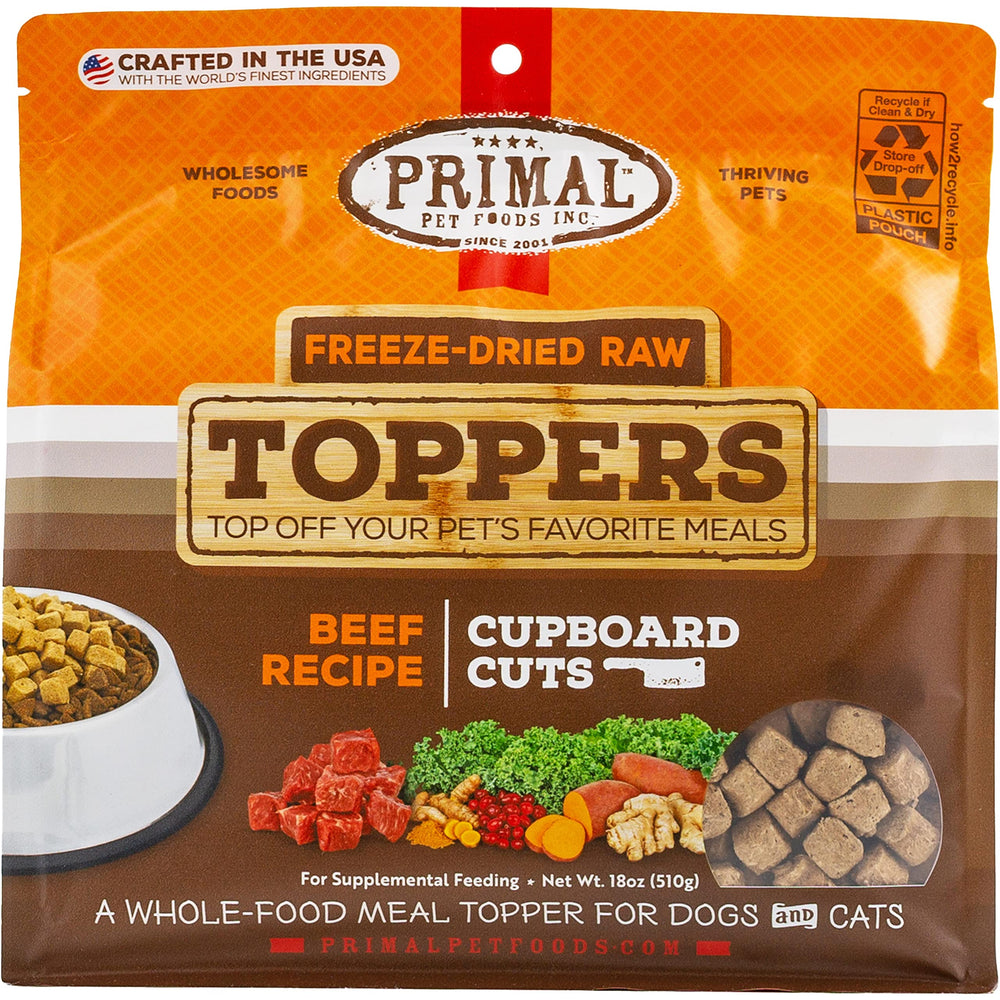 Primal montrant l'emballage frontal du Cupboard Cuts bœuf pour un choix nutritif
