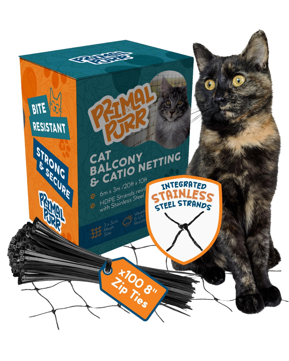 PRIMAL PURR filet balcon face emballage montrant protection et compatibilité