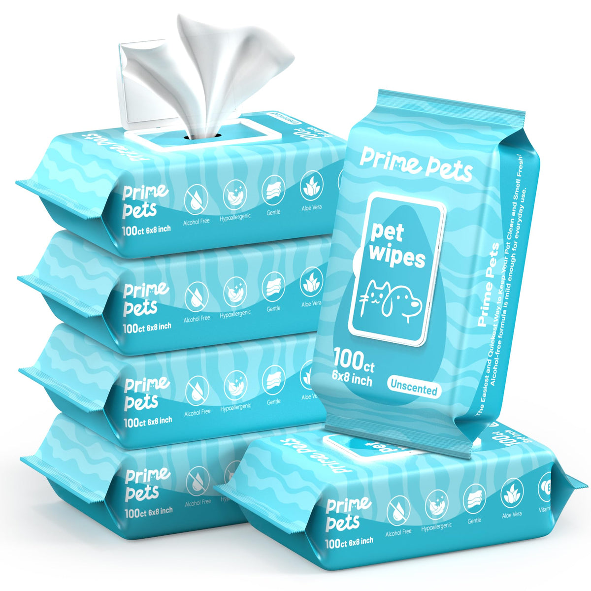 PrimePets emballage avant montrant le lot de 6 et 100 lingettes, pratique pour stockage