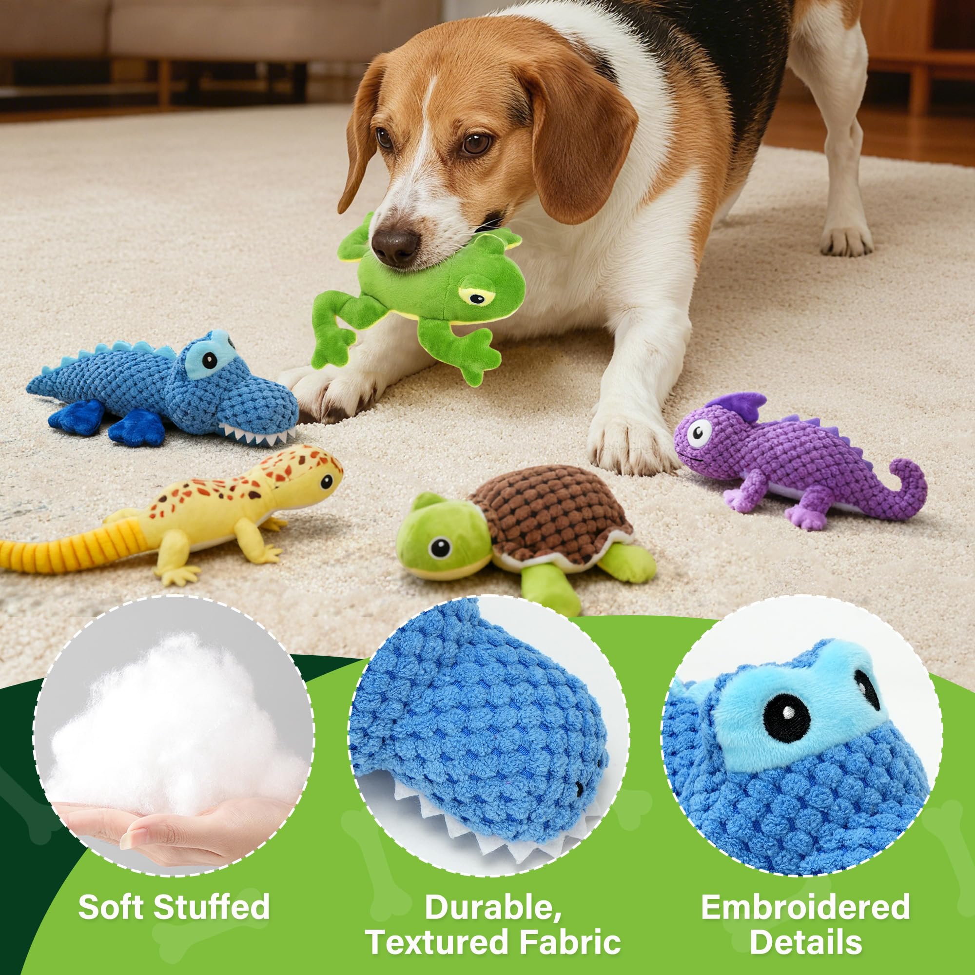 PrimePets grenouille verte texture du tissu et rembourrage durable visible