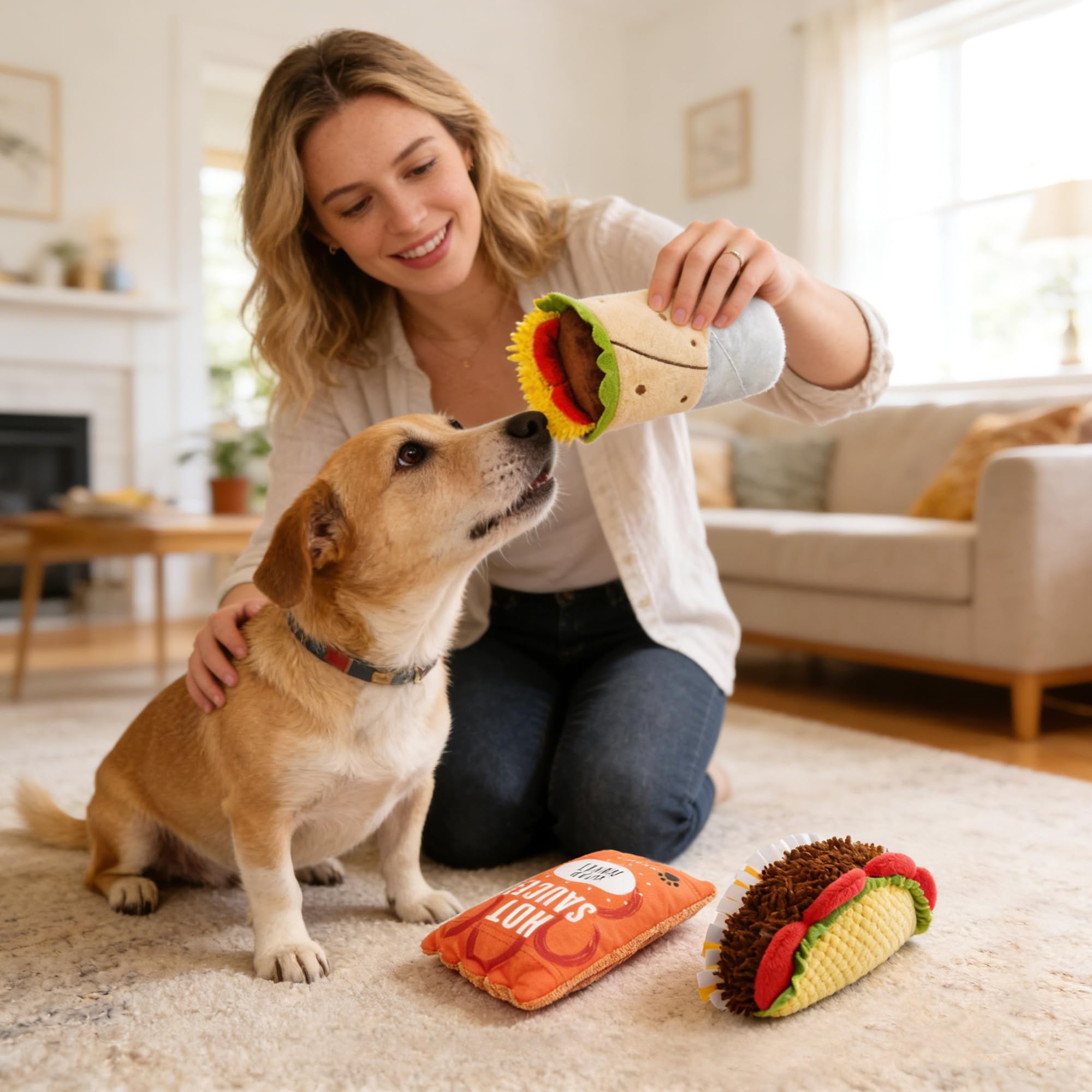 Jouets PrimePets posés dans un salon illustrant usage en intérieur