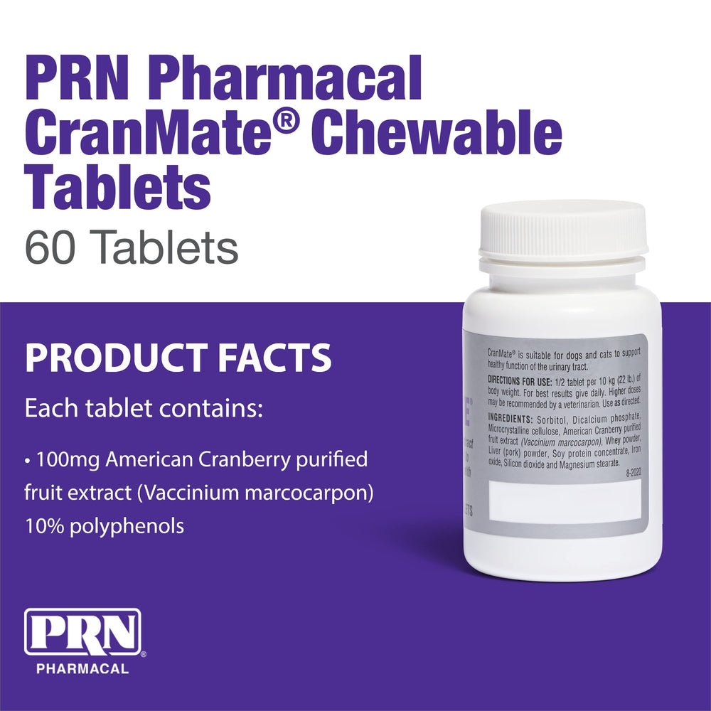PRN CranMate gros plan sur comprimé montrant texture et appétence pour administration aisée