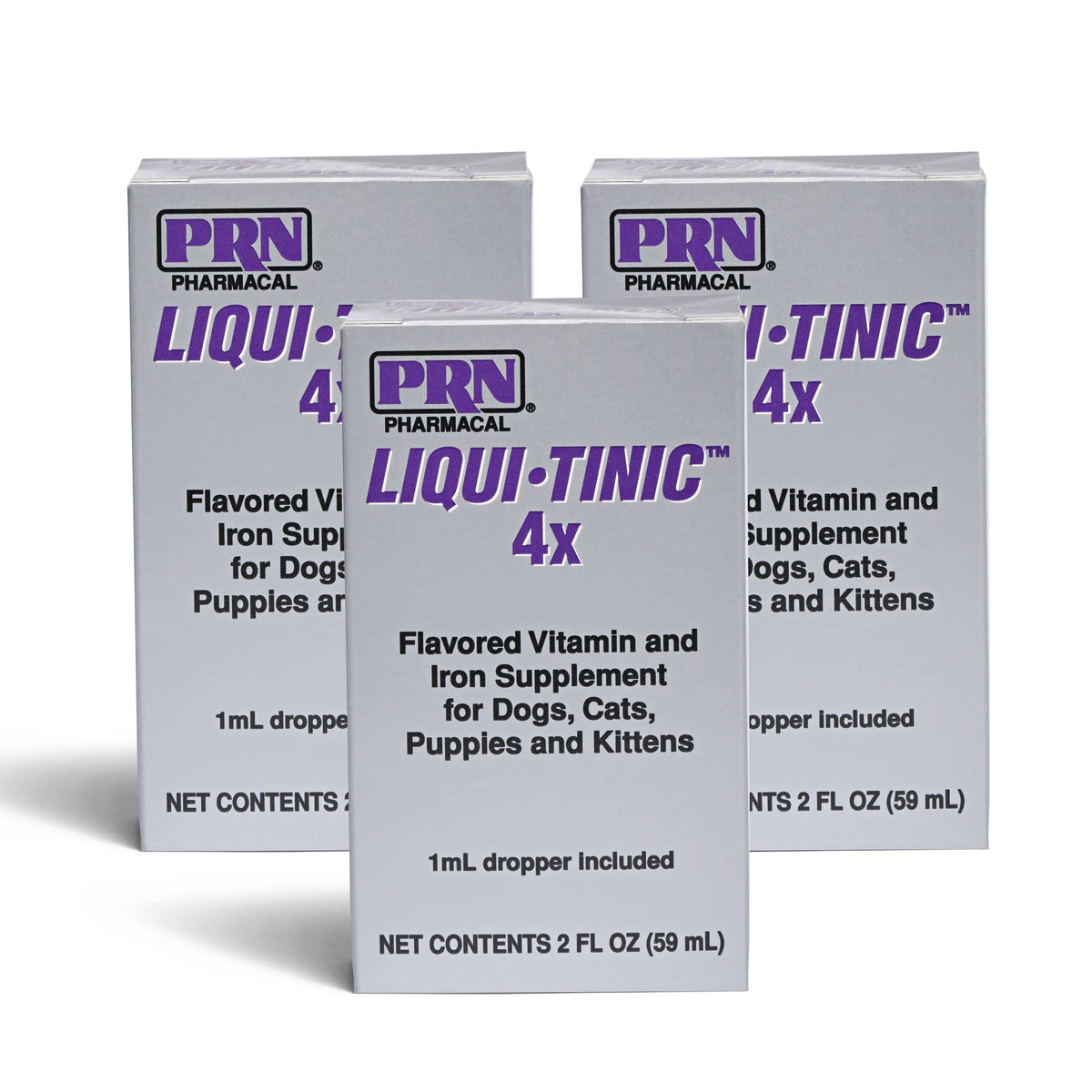 PRN Liqui-Tinic 4X pack de 3 montrant l'étiquette et l'information produit pour reconnaissance rapide