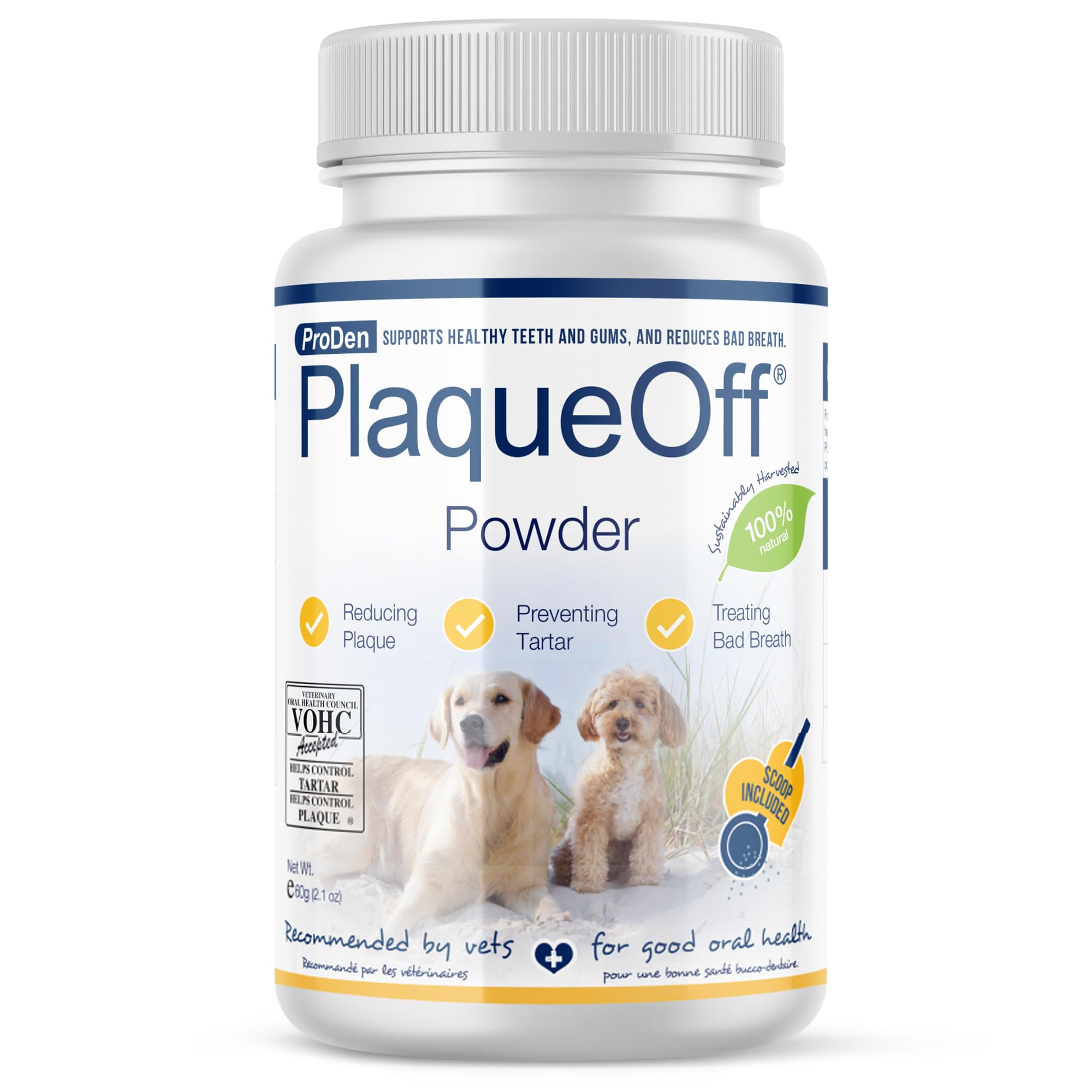 ProDen PlaqueOff emballage avant présentant la poudre pour dents de chien efficace