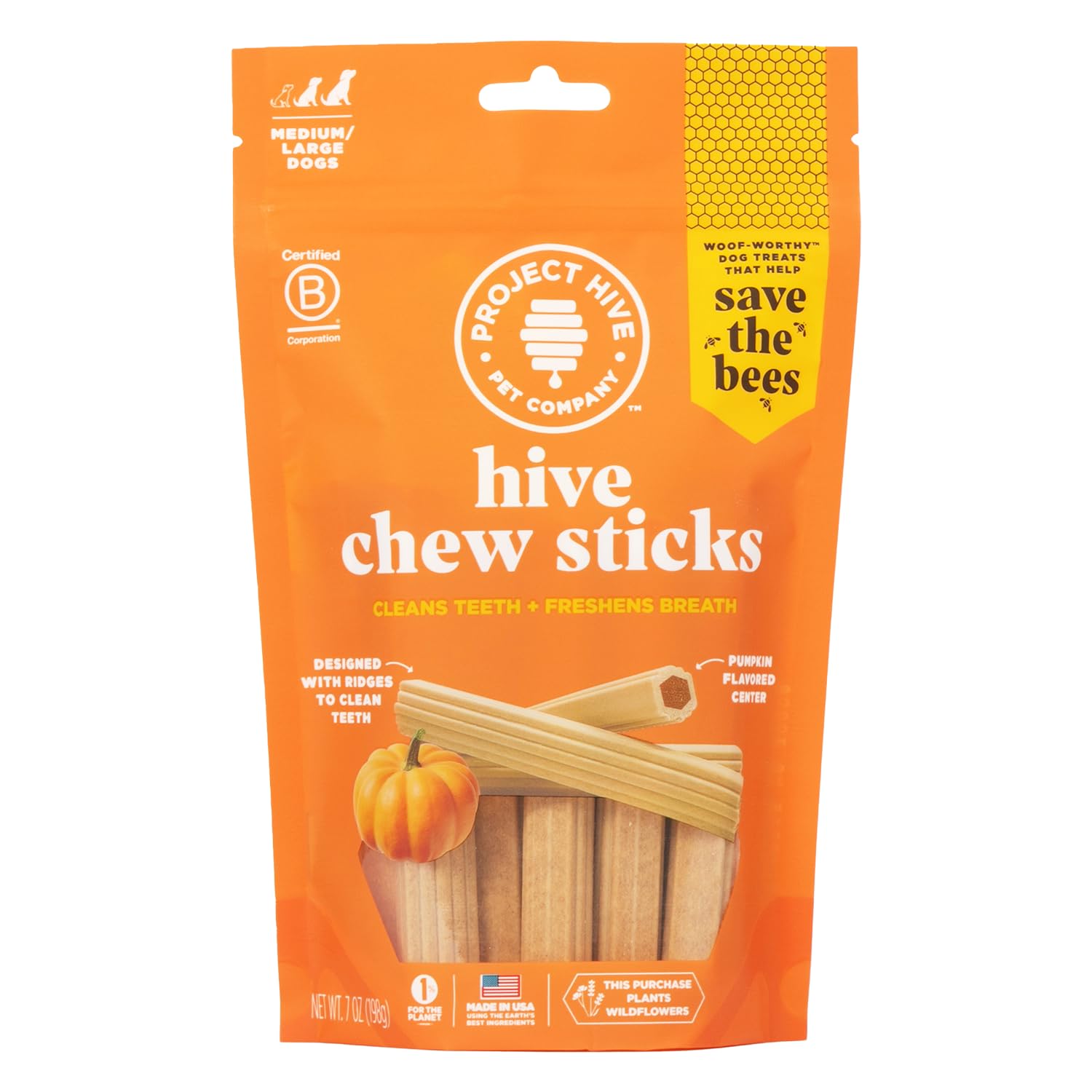 PROJECT HIVE emballage avant des Hive Chew Sticks montrant le format et l’avantage dentaire