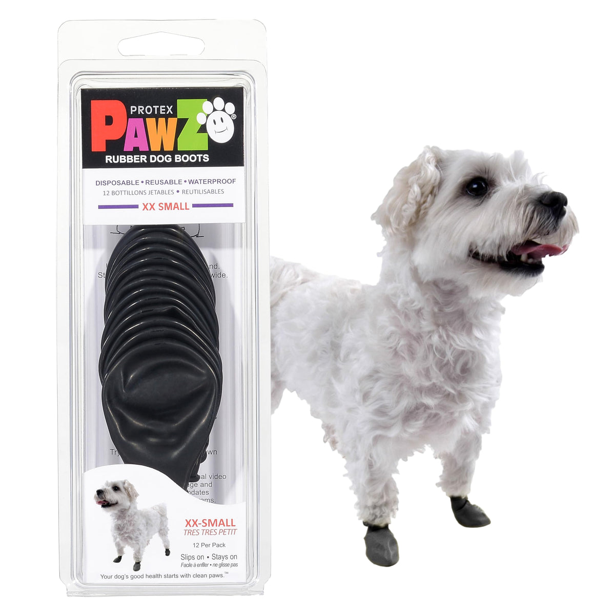 Protex PawZ vue avant de l'emballage montrant le pack de 12 et protection prête à l'emploi