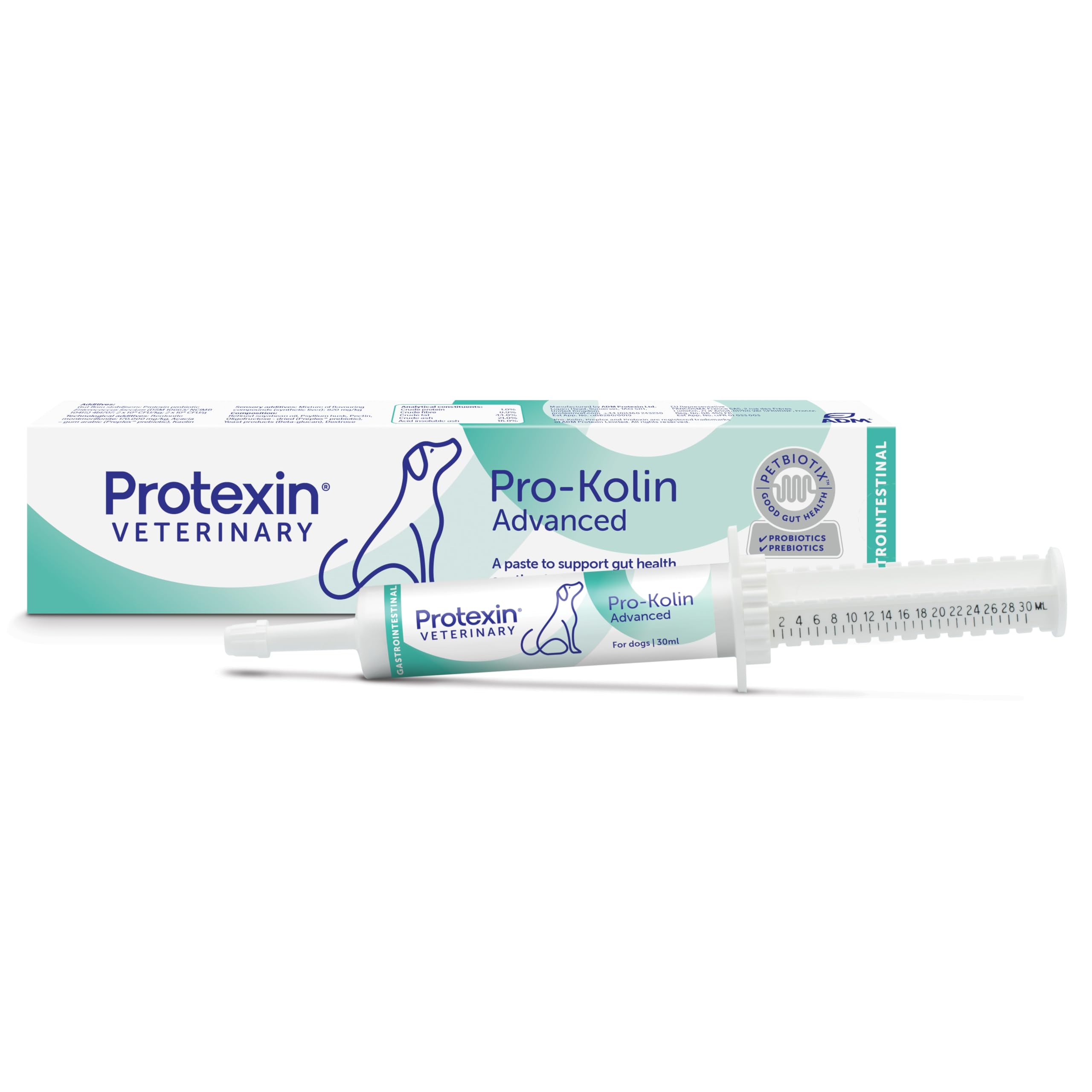 Protexin Veterinary seringue Pro-Kolin Advanced 30 ml montrant l’avant et dose, administration facile