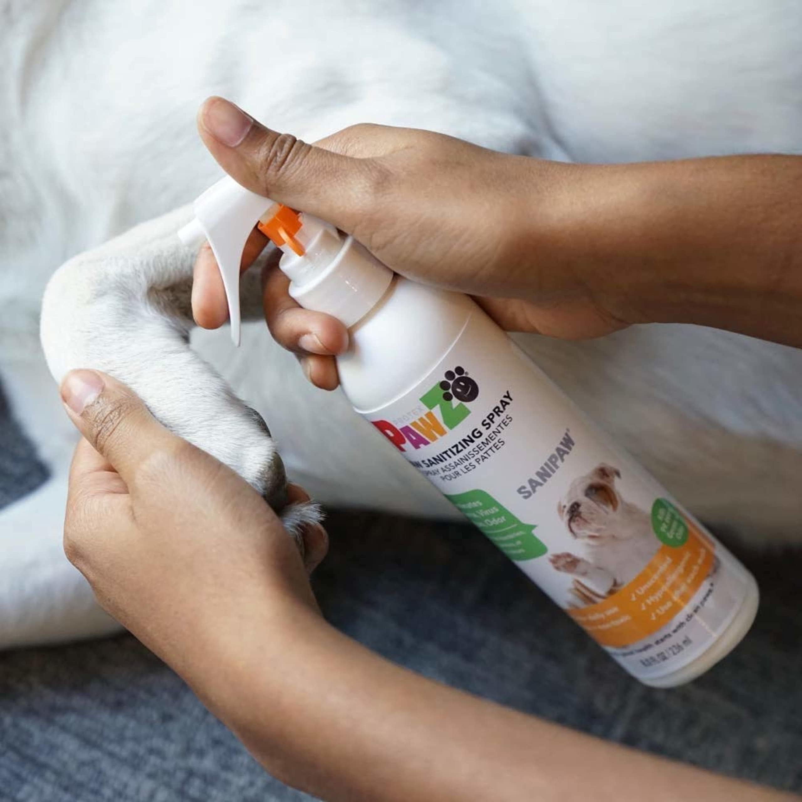 Protex PawZ flacon à côté d’une main pour montrer la taille pratique à emporter