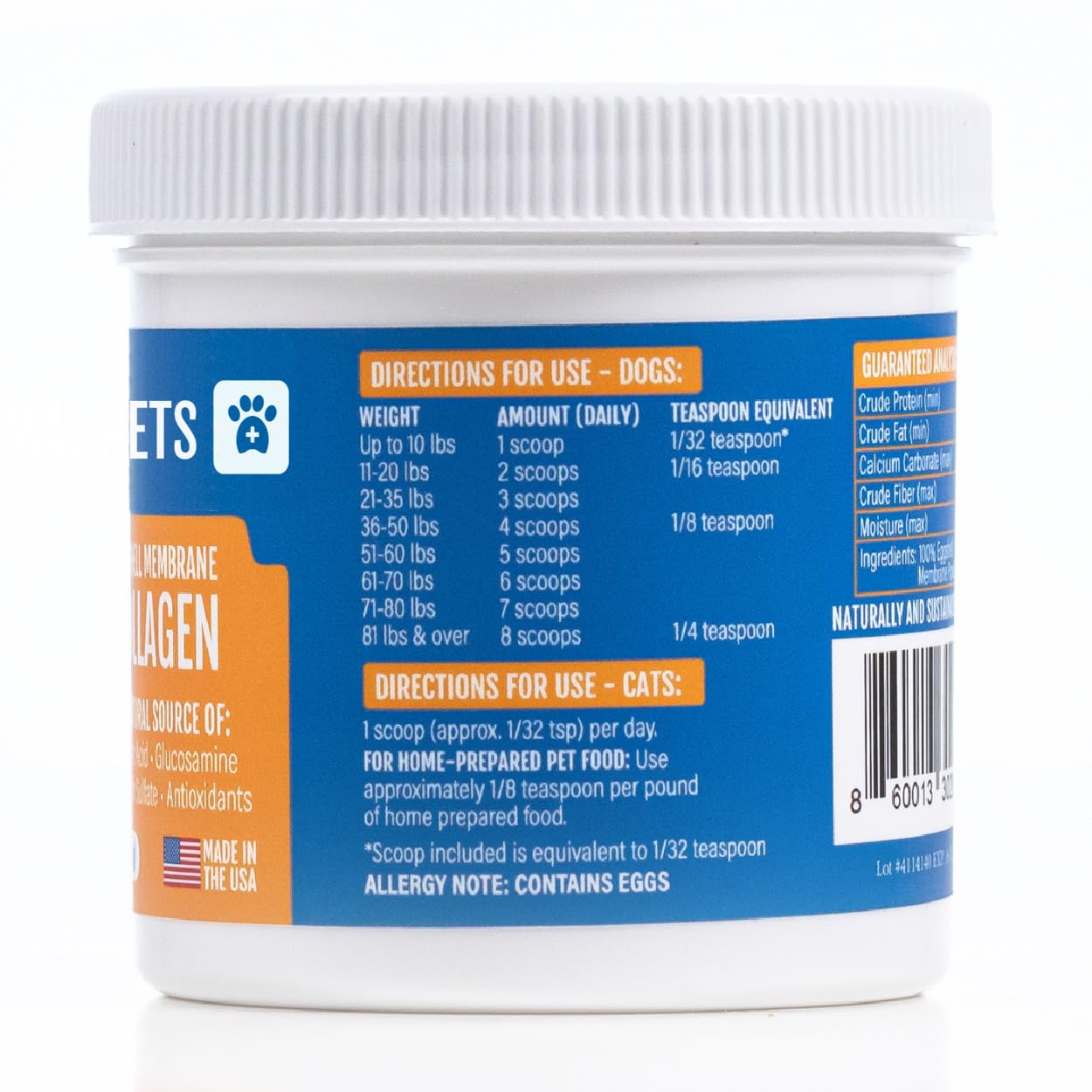 Étiquette Prymal Pets indiquant membrane d'œuf 100% made in USA