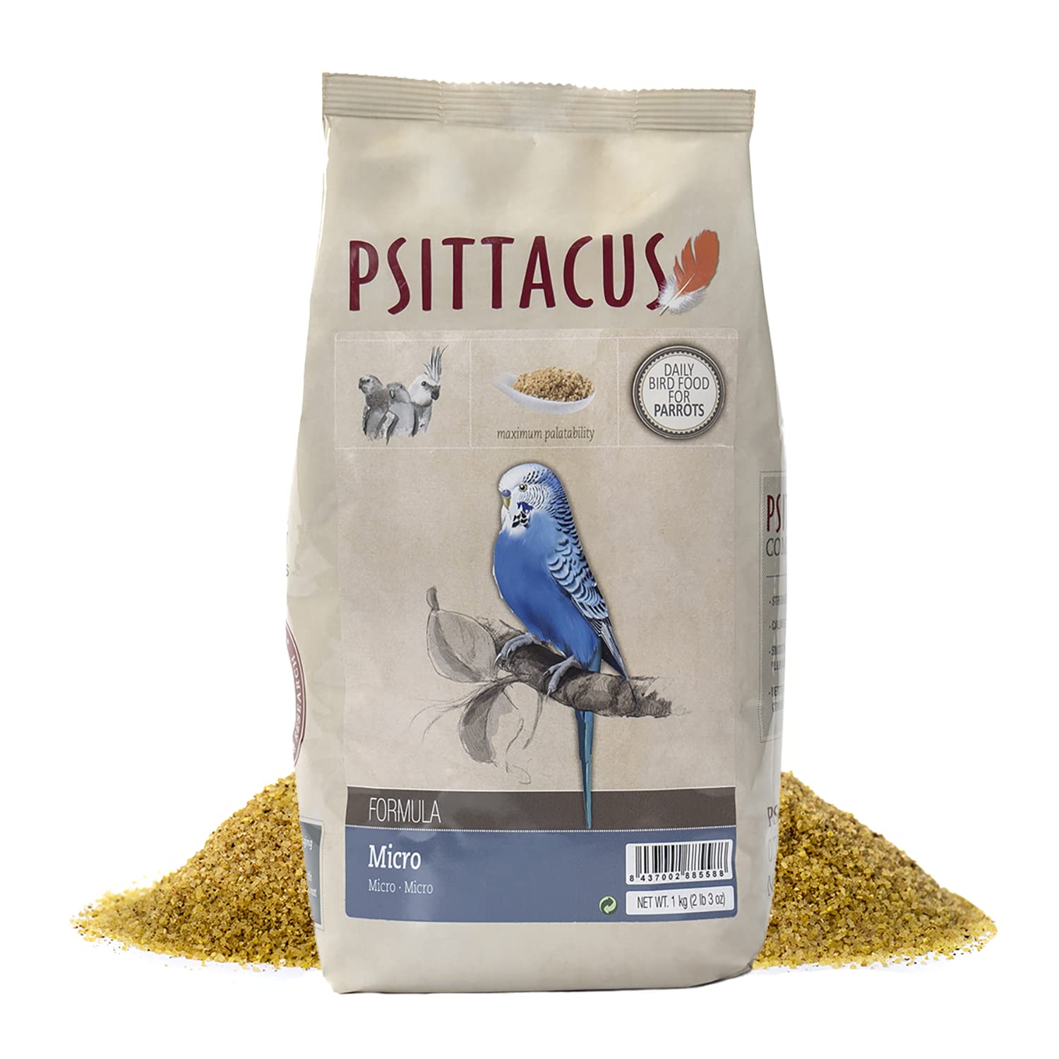 Psittacus emballage avant affichant 1 kg et qualité non-OGM pour confiance