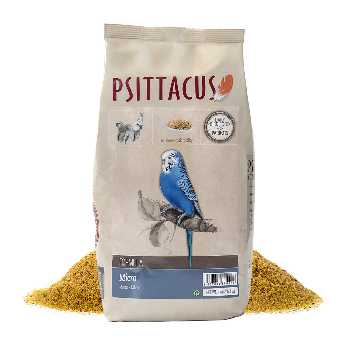 Psittacus emballage avant affichant 1 kg et qualité non-OGM pour confiance