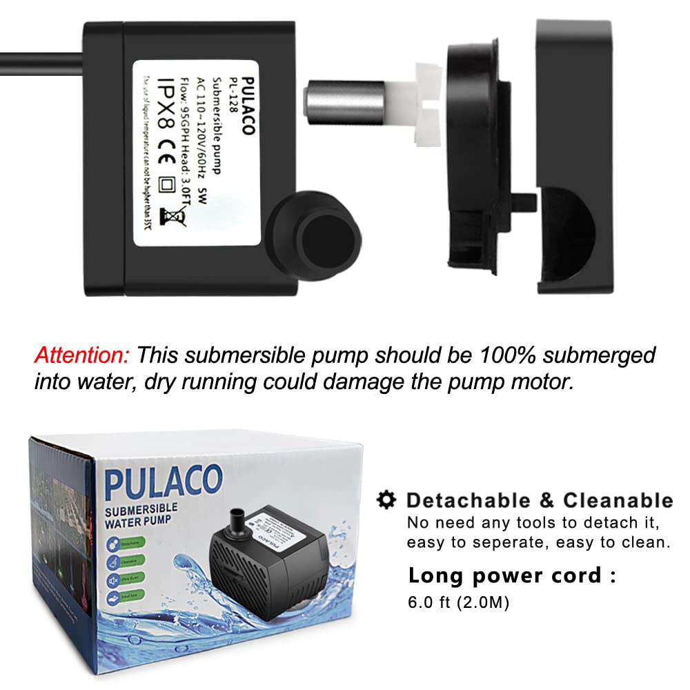PULACO pompe en fonctionnement dans une fontaine de table montrant un flux régulier
