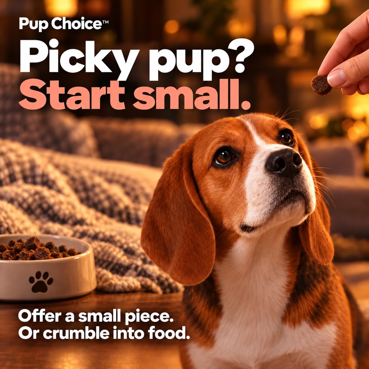 Pup Choice chews posés sur pomme et patate douce indiquant ingrédients naturels
