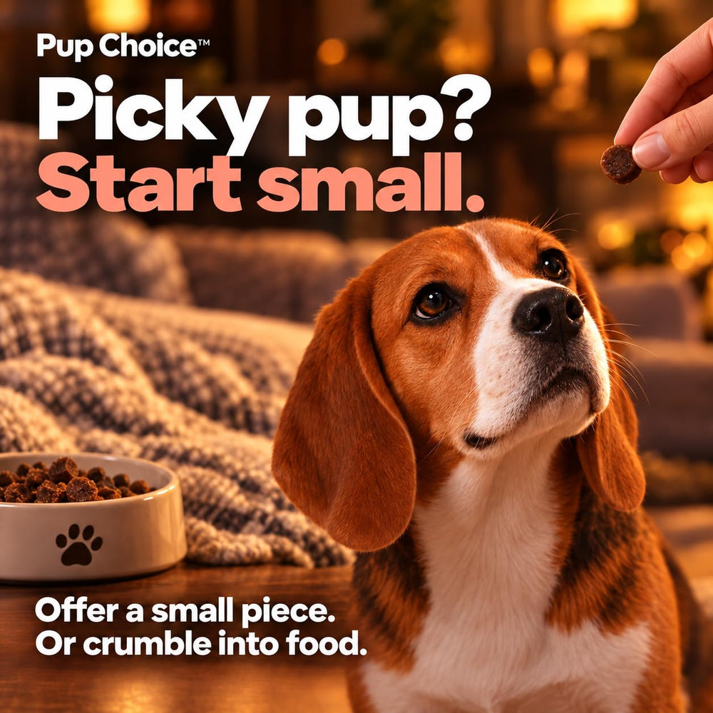 Pup Choice chews posés sur pomme et patate douce indiquant ingrédients naturels