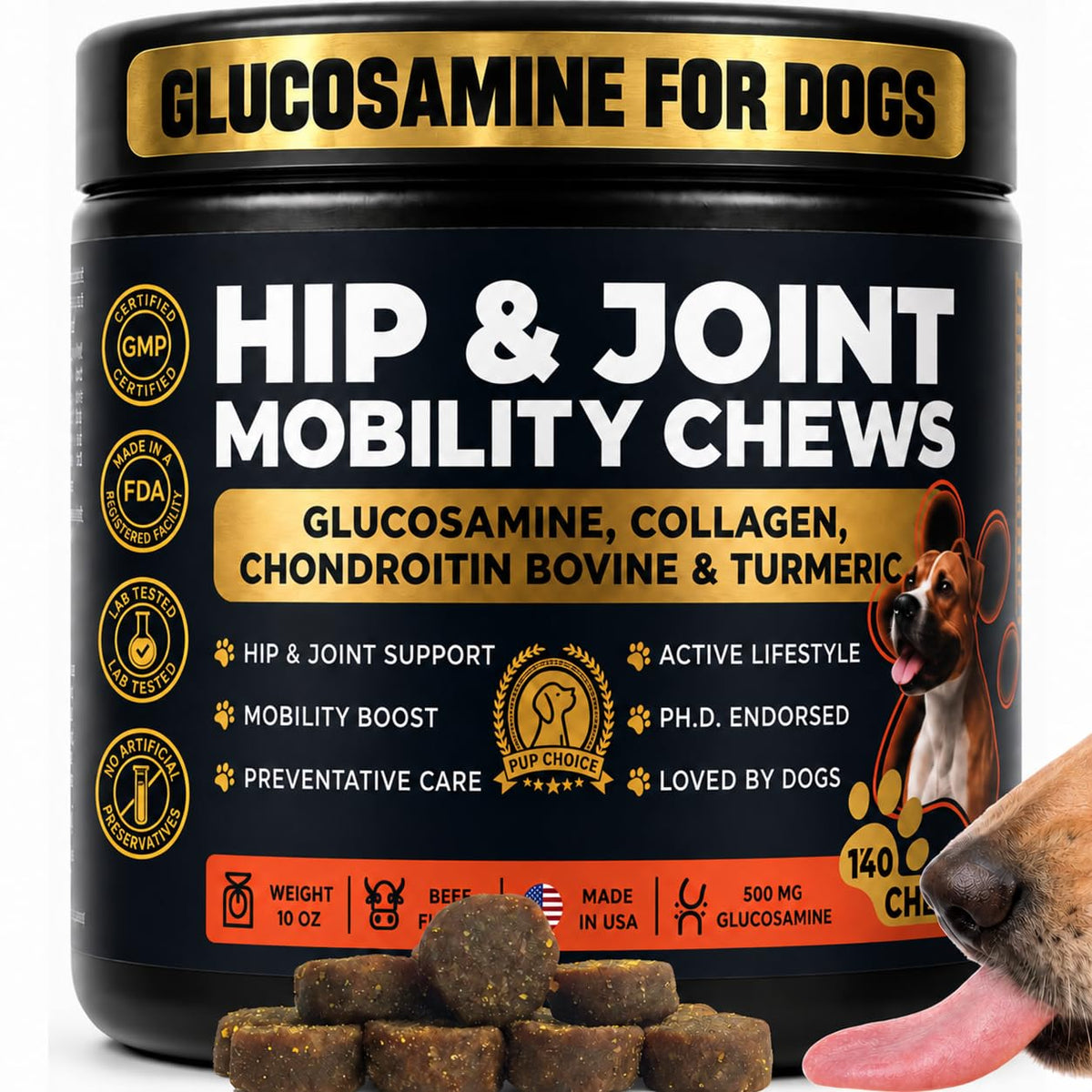 Pup Choice emballage avant montrant support hanches et articulations, facilite le choix