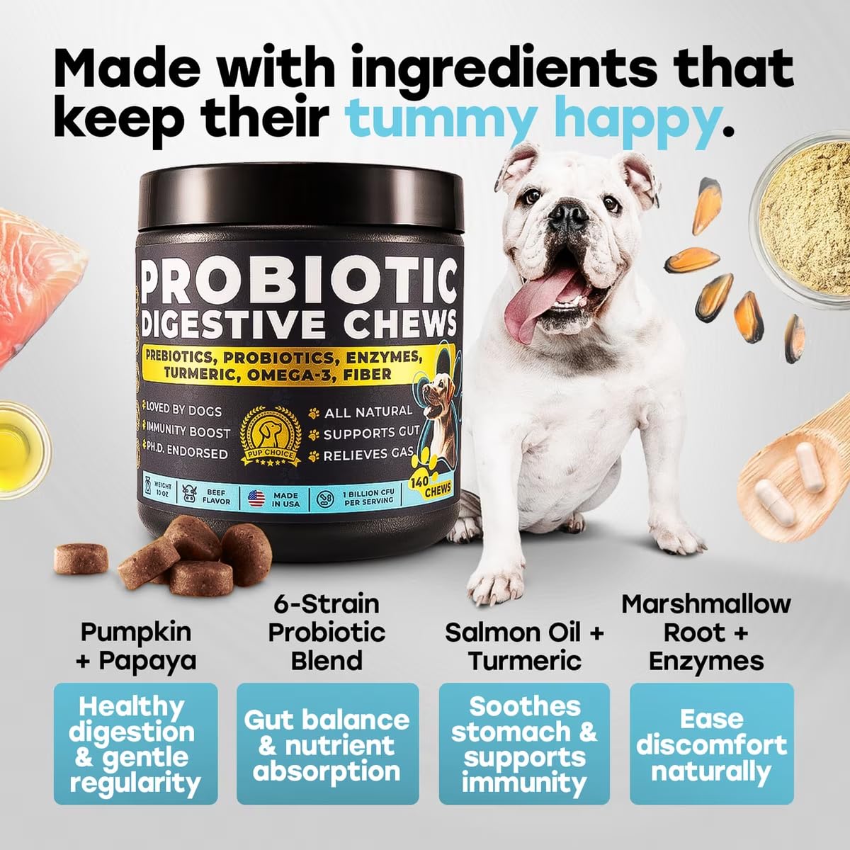 Ingrédients Pup Choice papaye et citrouille visibles pour digestion et fibres