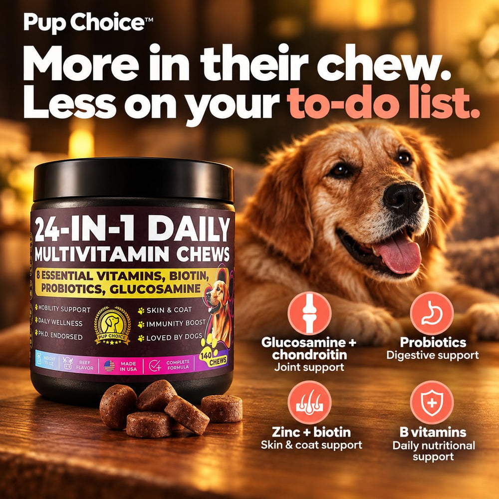 Pup Choice tableau de dosage illustrant les portions selon poids du chien