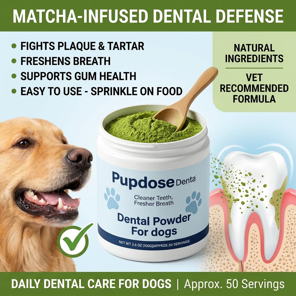 Pupdose Dental poudre versée dans la gamelle montrant l'utilisation quotidienne simple