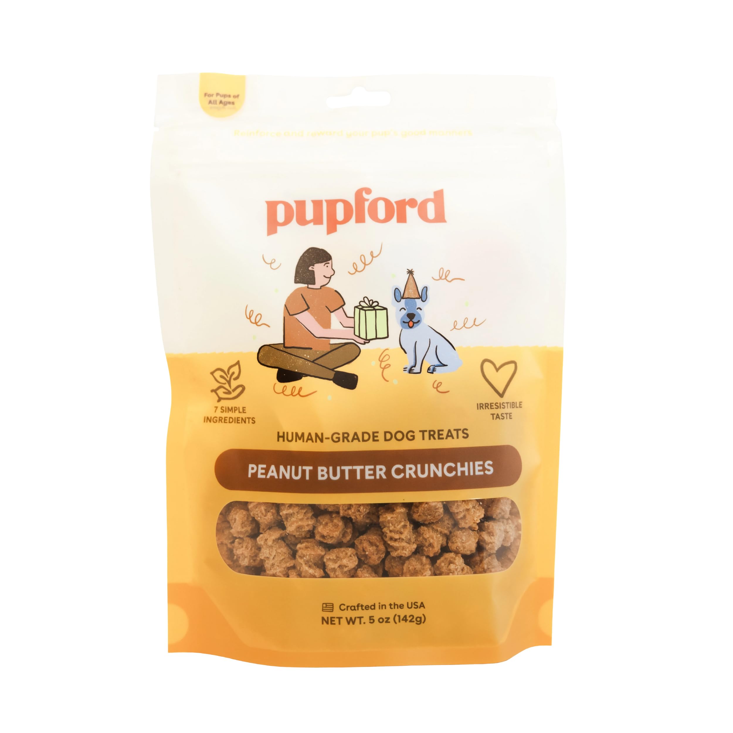 Pupford paquet avant Peanut Butter Crunchies montrant l'étiquette et l'édition limitée