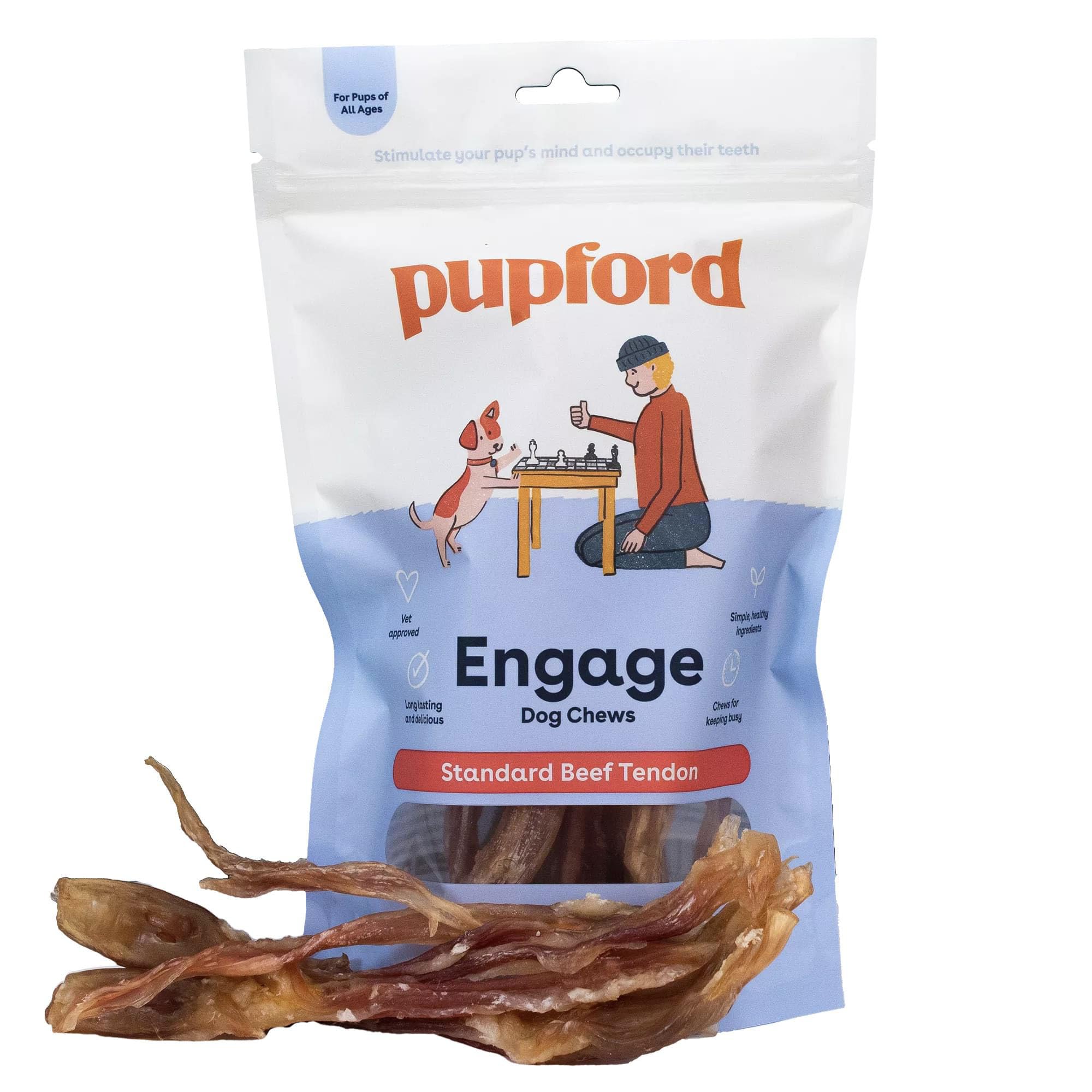Pupford emballage avant montrant 4 tendons, avantage naturel durable