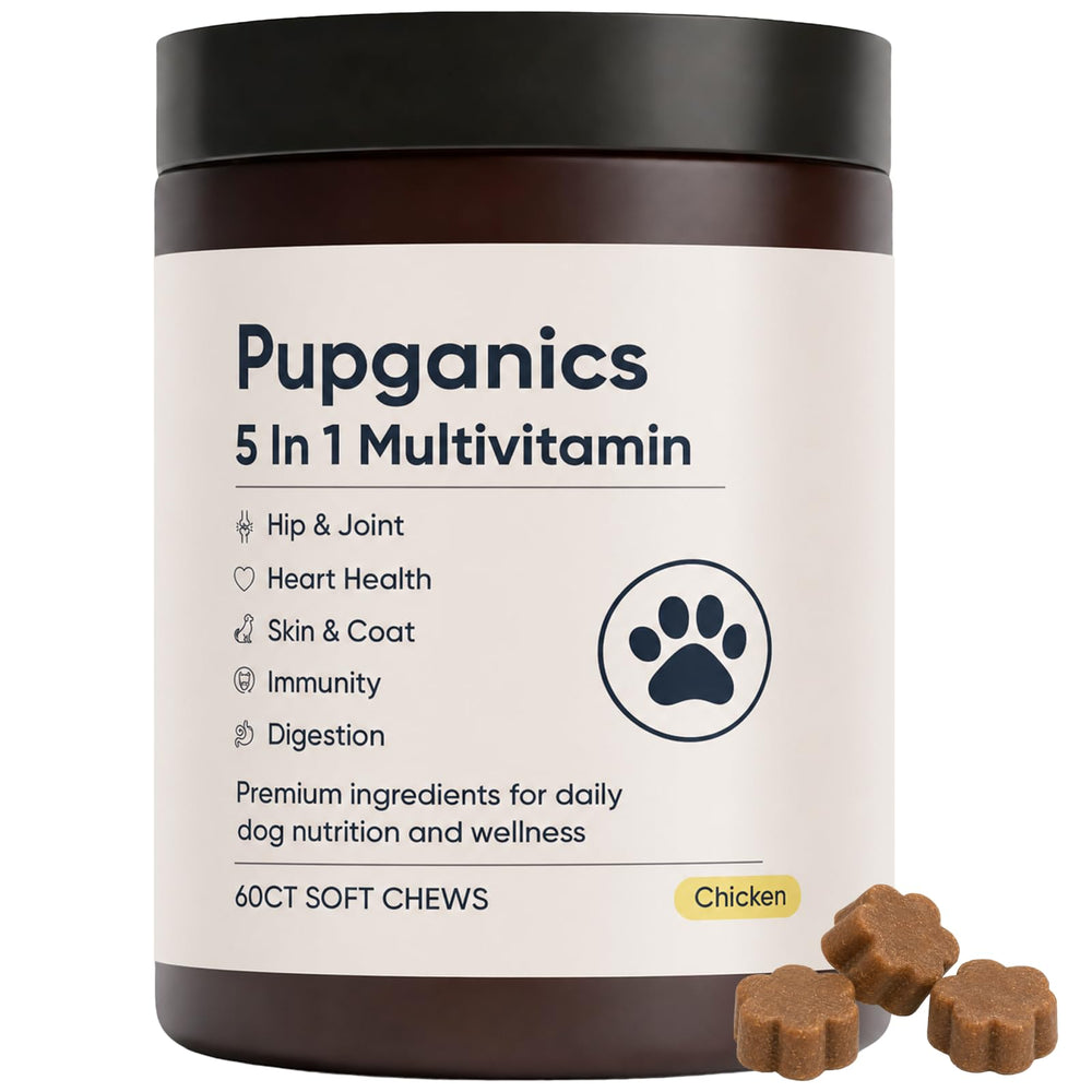 Pupganics emballage avant montrant pot et informations, pratique et visible