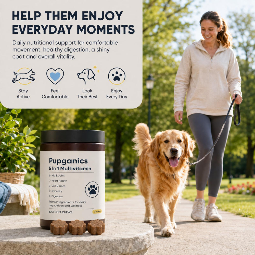 Pupganics étiquette nutrition lisible listant vitamines, glucosamine, probiotiques
