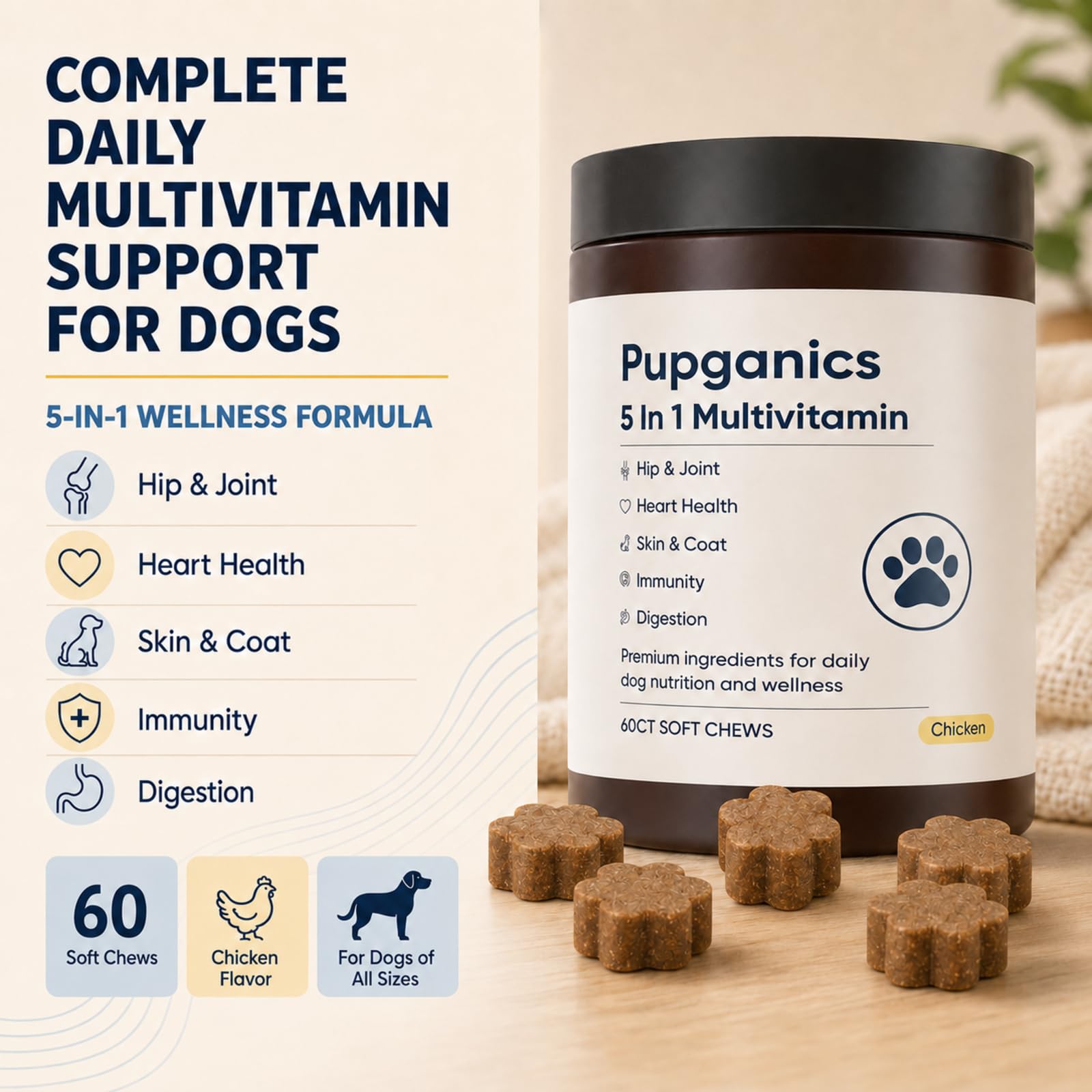 Pupganics friandise gros plan mettant en valeur goût poulet et appétence