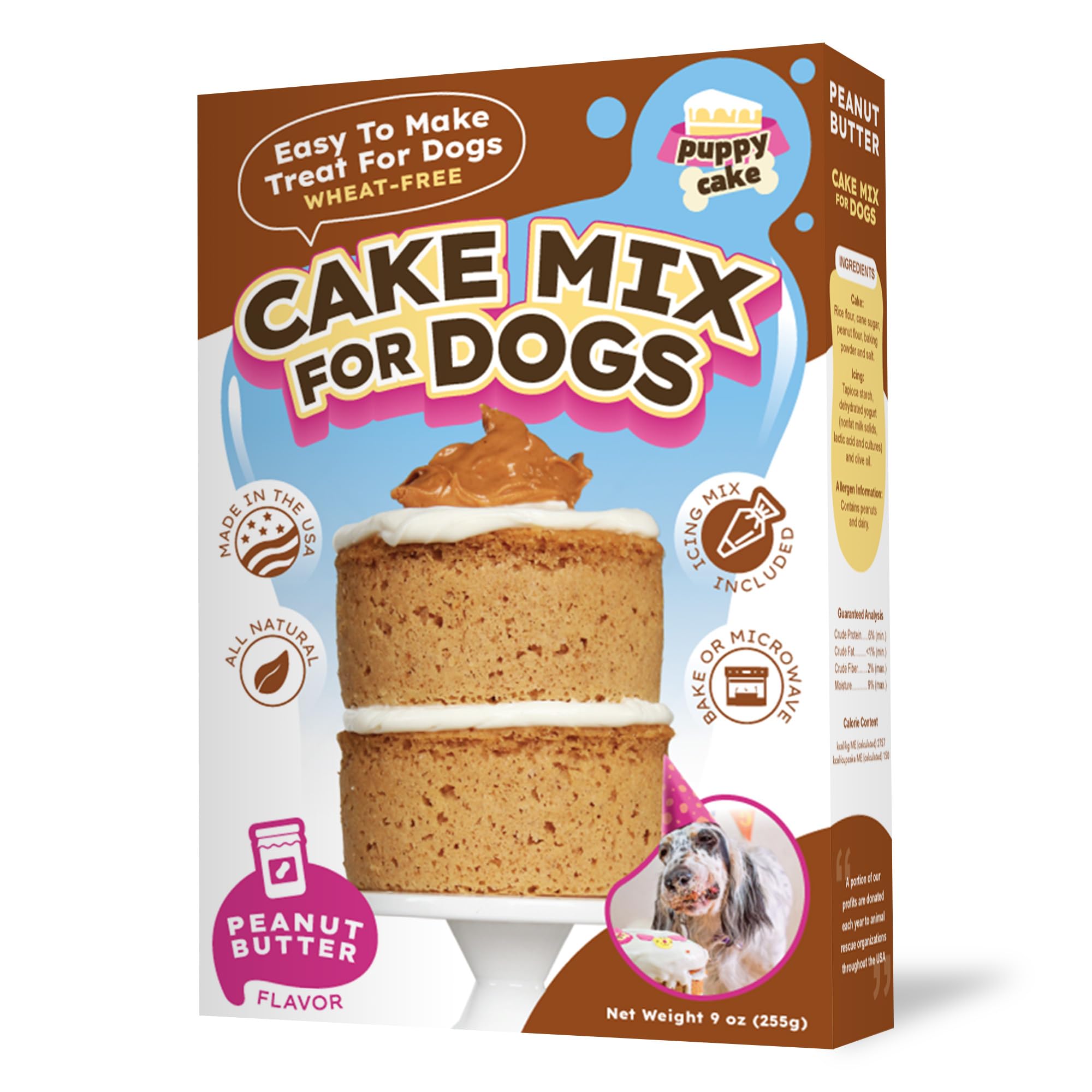 Puppy Cake boîte face montrant le mélange et avantage préparation rapide