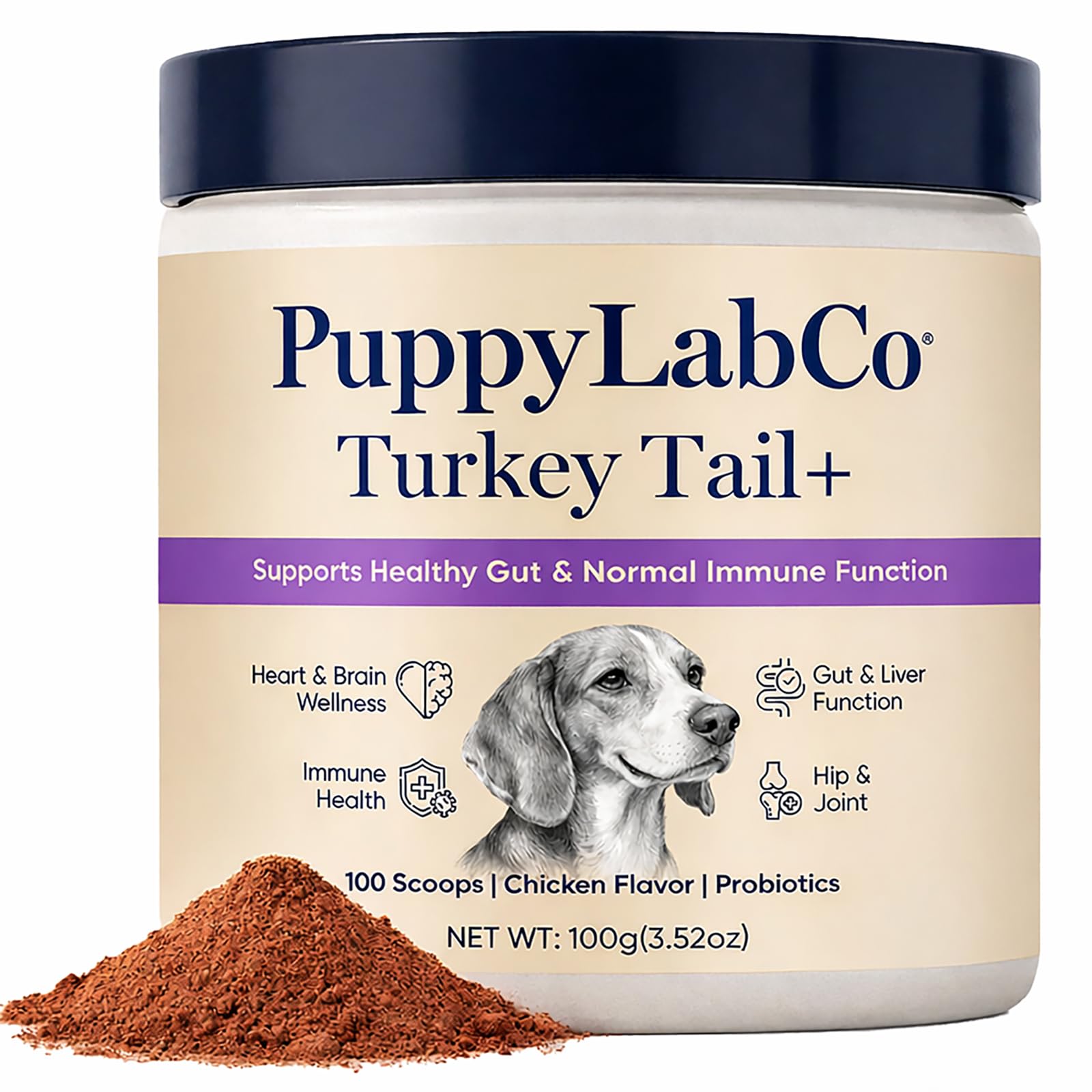 PUPPYLABCO pot face montrant le format 100 g pour complément facile
