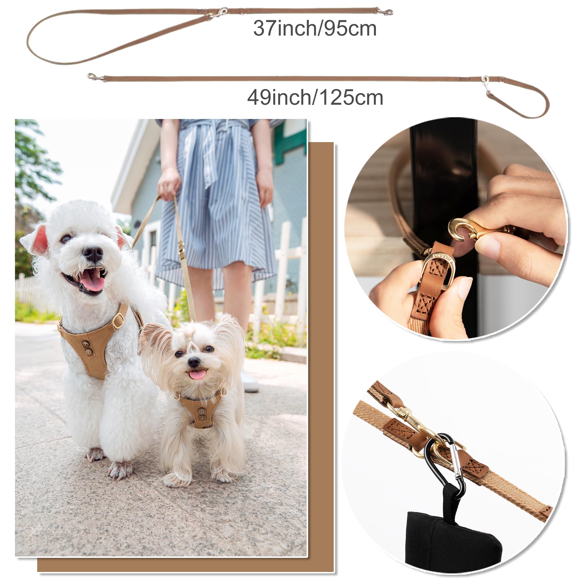 puppytie laisse réglable montrant polyvalence et rangement d’accessoires