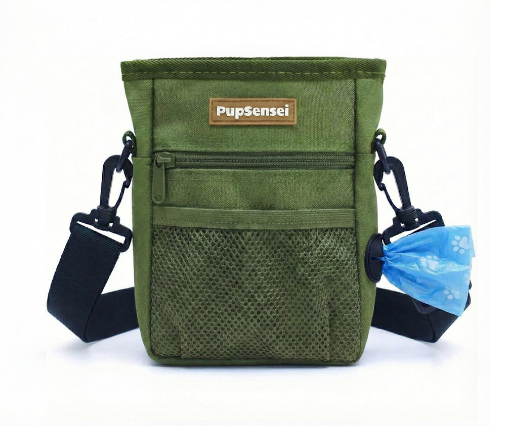 PupSensei pochette face avant vert army montrant poches et fermeture sécurisée
