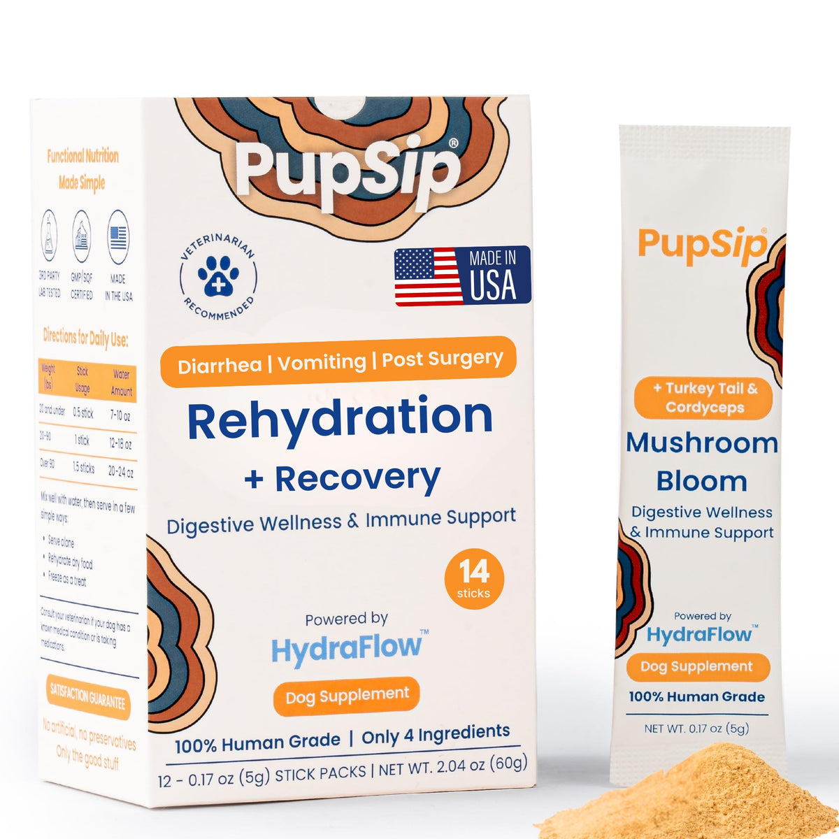 PupSip emballage avant montrant 14 sticks pour réhydration rapide et pratique