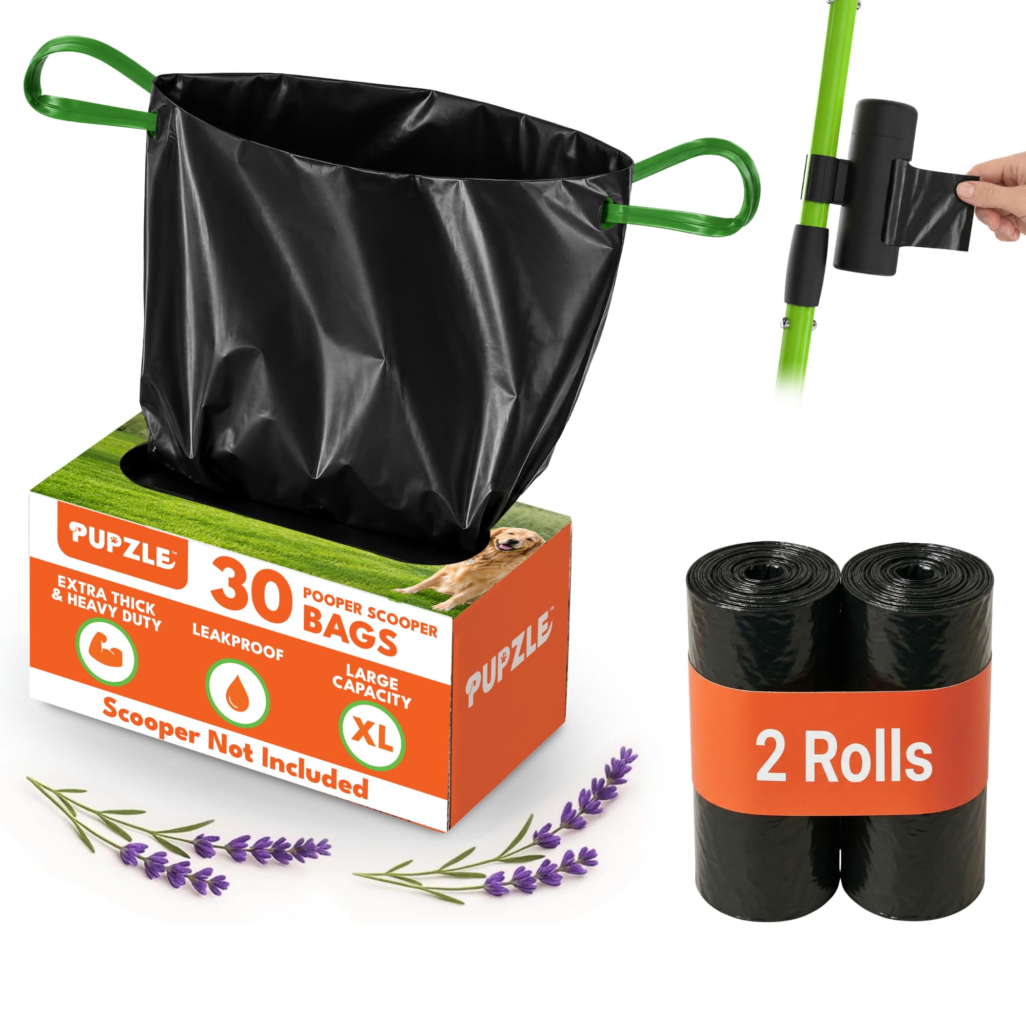 Pupzle face avant packaging montrant la poignée longue et composants, praticité