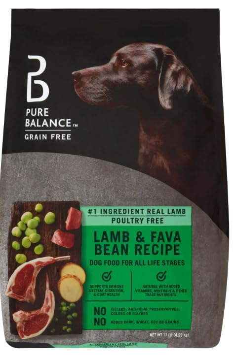 Pure Balance sac face avant montrant la recette agneau et fève et la qualité
