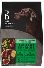 Pure Balance sac face avant montrant la recette agneau et fève et la qualité