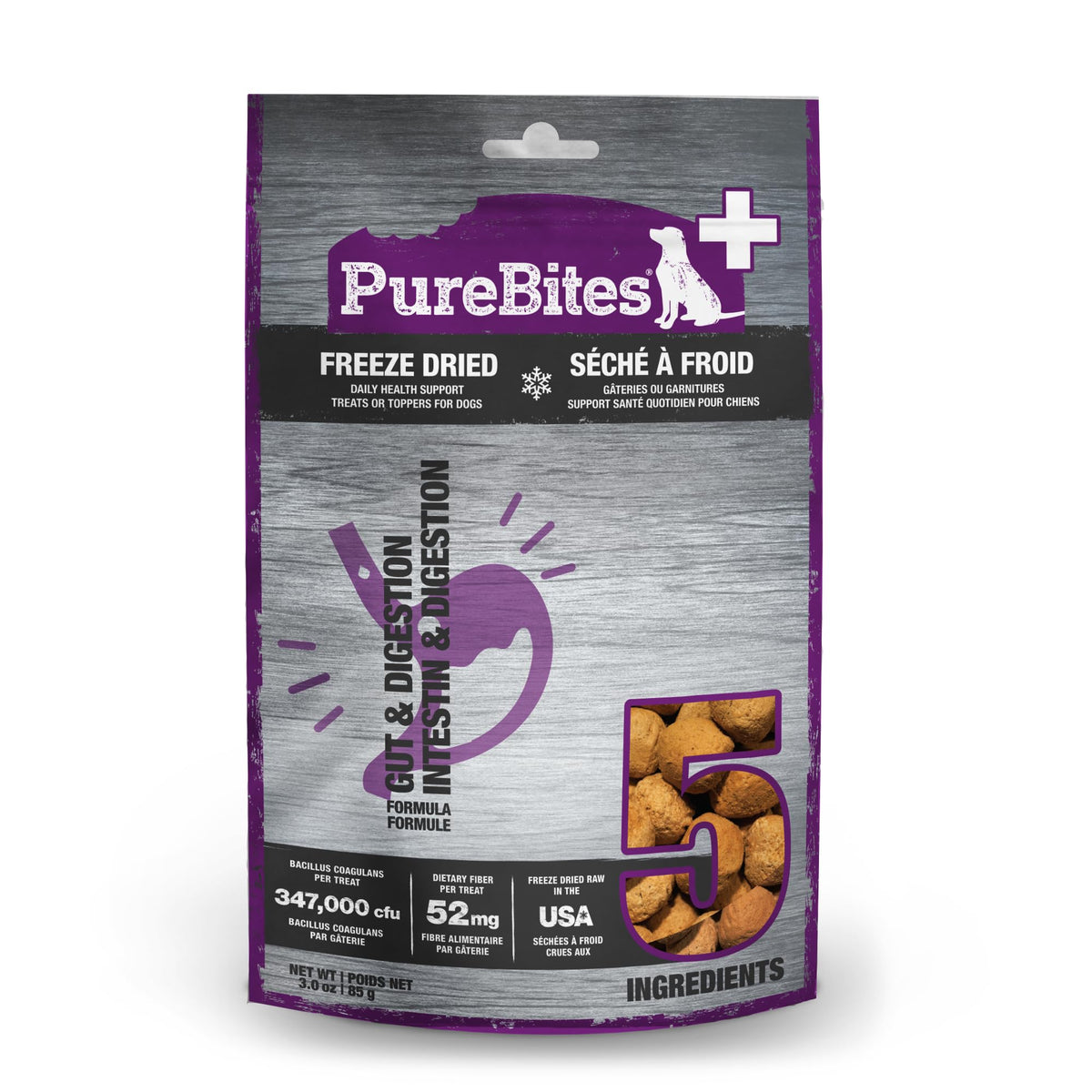 PureBites packaging face montrant étiquette claire et bénéfice transparence