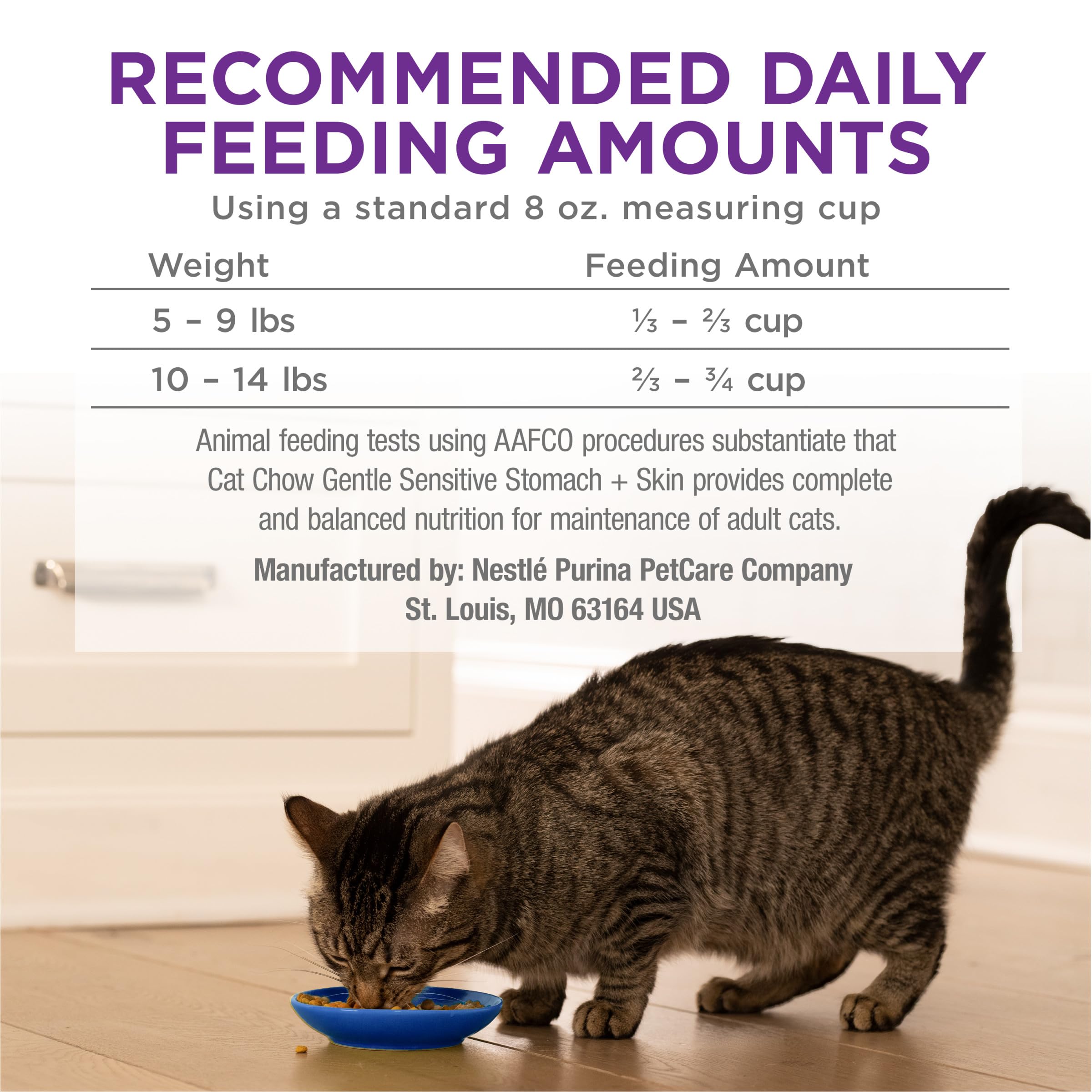 Purina Cat Chow comparaison d’échelle montrant taille du paquet et facilité de rangement