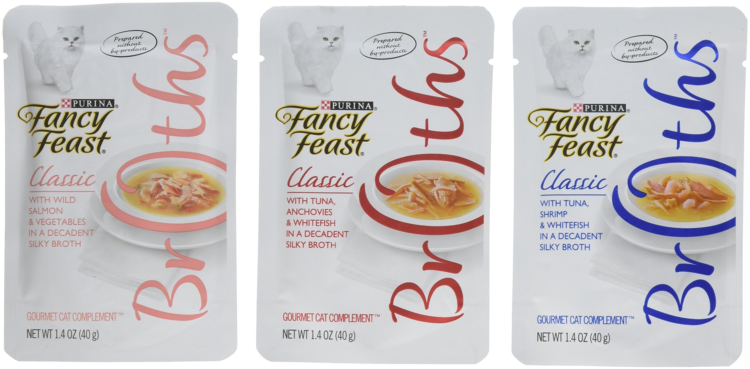 Purina Fancy Feast Broths comparaison taille d'un sachet pour portion individuelle pratique