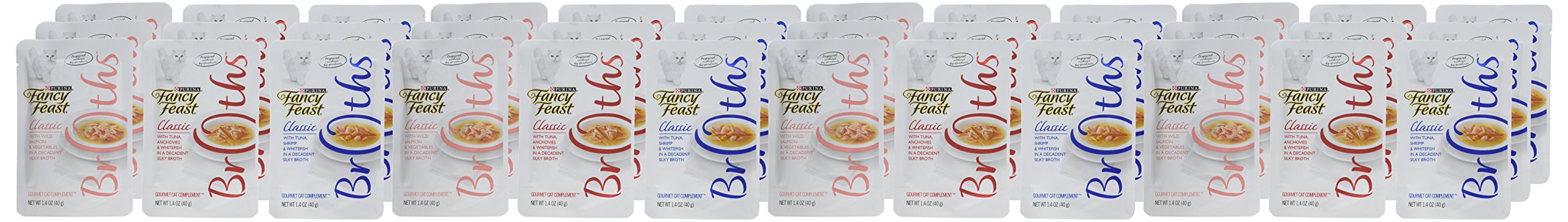 Purina Fancy Feast Broths emballage V-Pack montrant 36 sachets pratiques pour variété