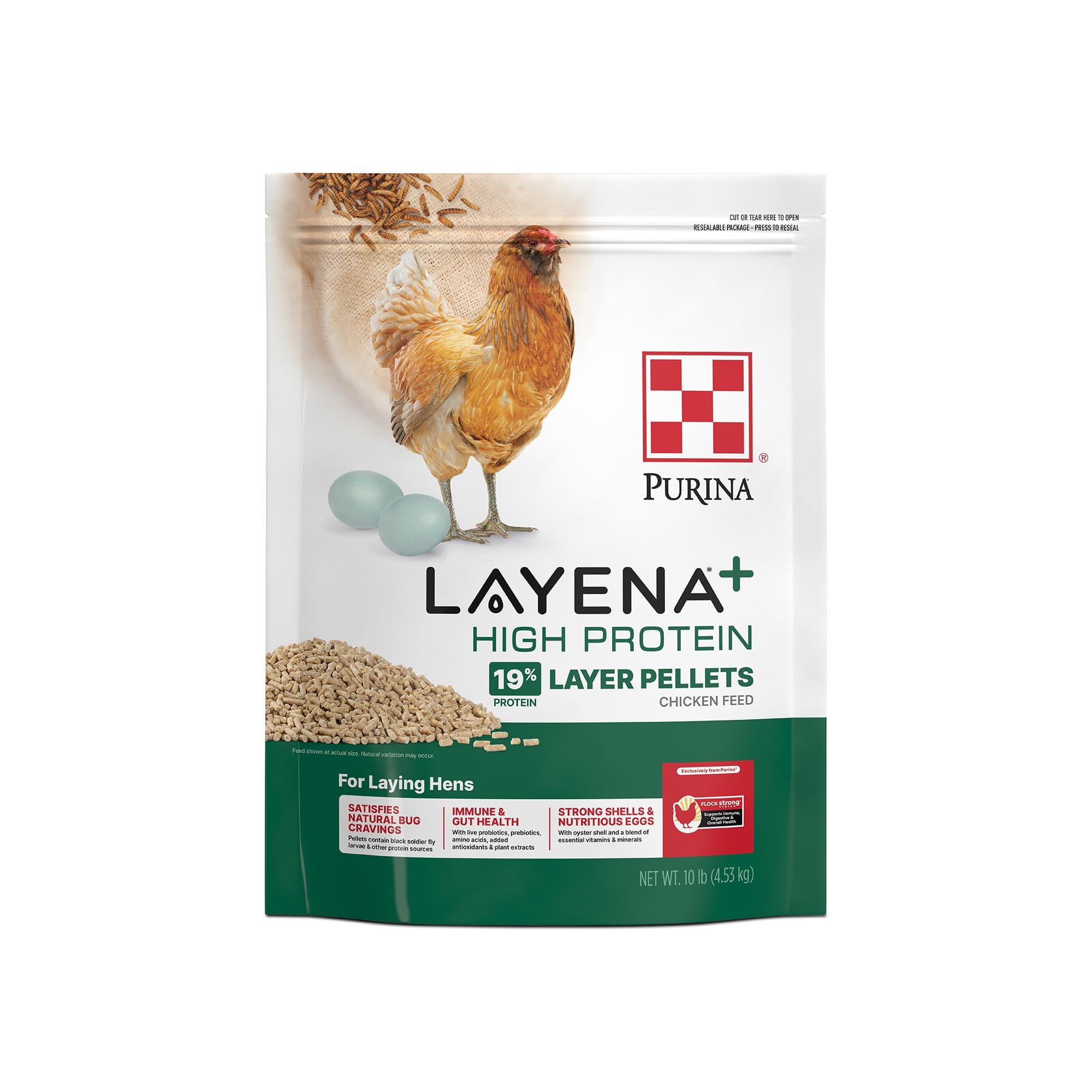 Sac Purina Layena face visible montrant le format 10 lb et l'usage pour pondeuses