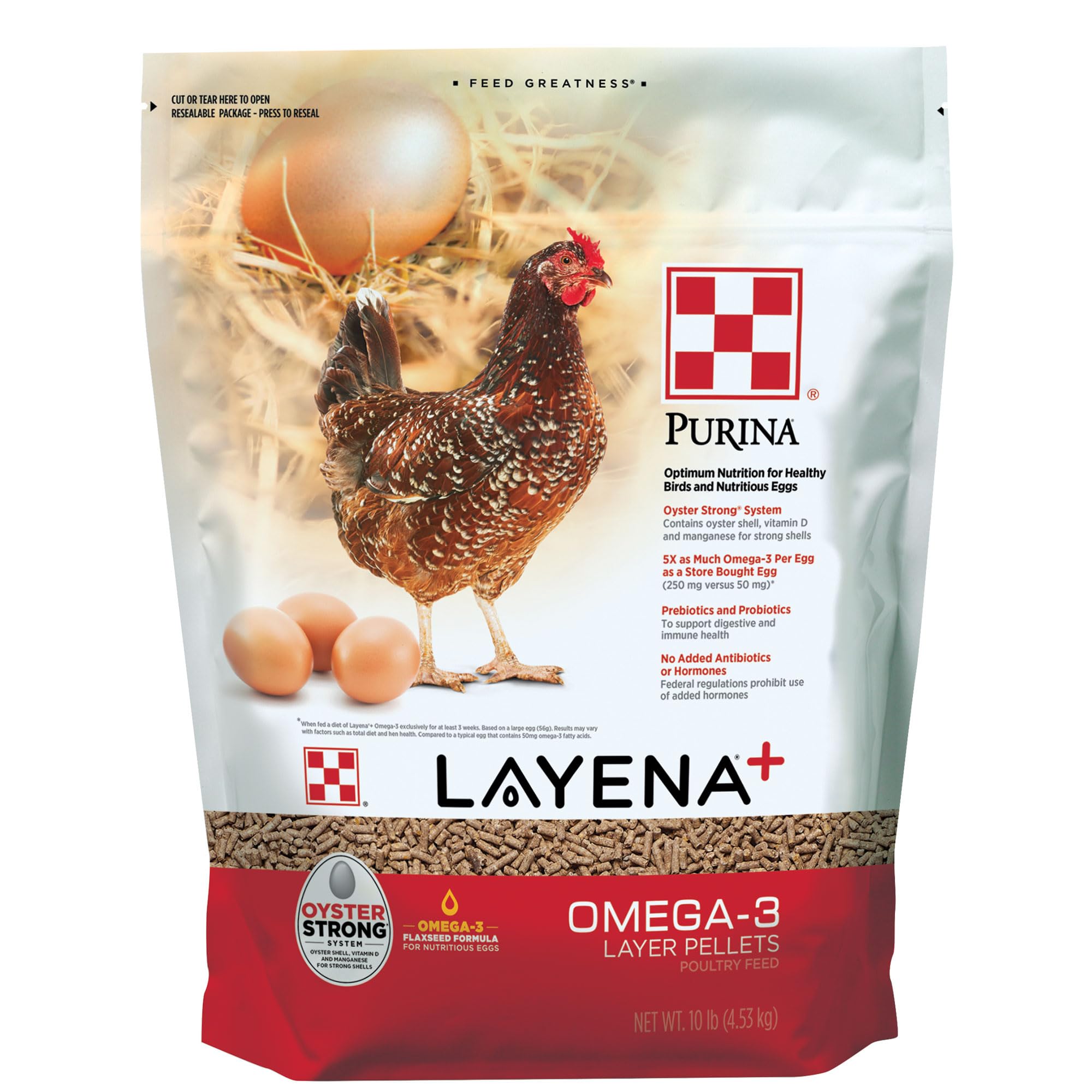 Purina Layena+ sac 10 lb montrant emballage pratique et stockage facile