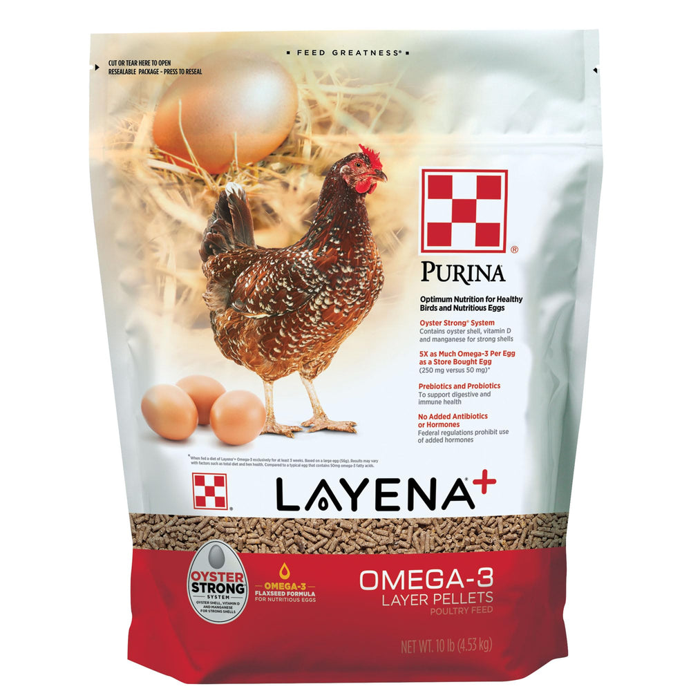 Purina Layena+ sac 10 lb montrant emballage pratique et stockage facile