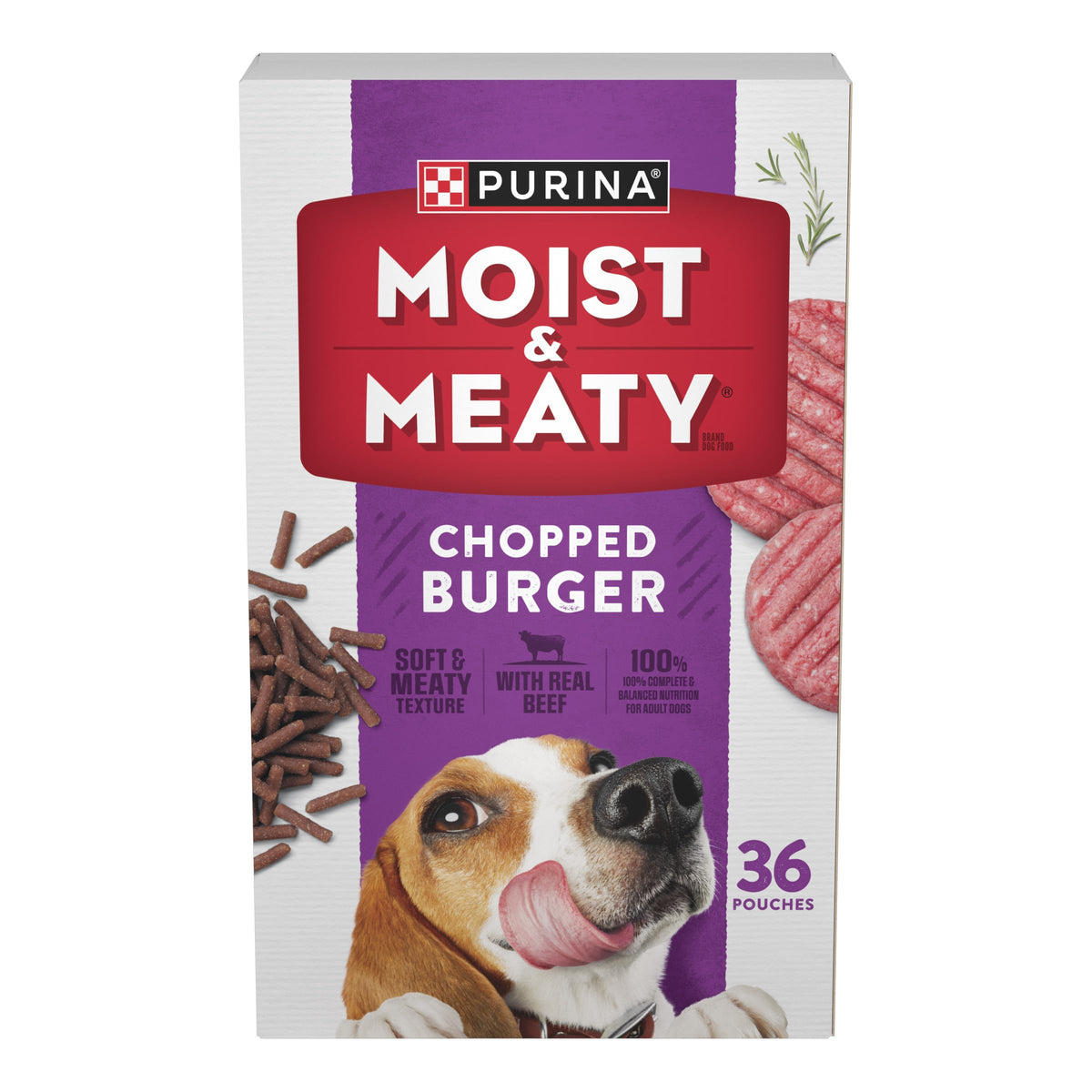 Purina Moist & Meaty emballage avant, présentation pratique pour stockage