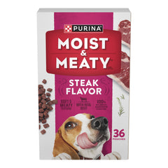 Purina Moist & Meaty paquet avant montrant le format 36 sachets et praticité