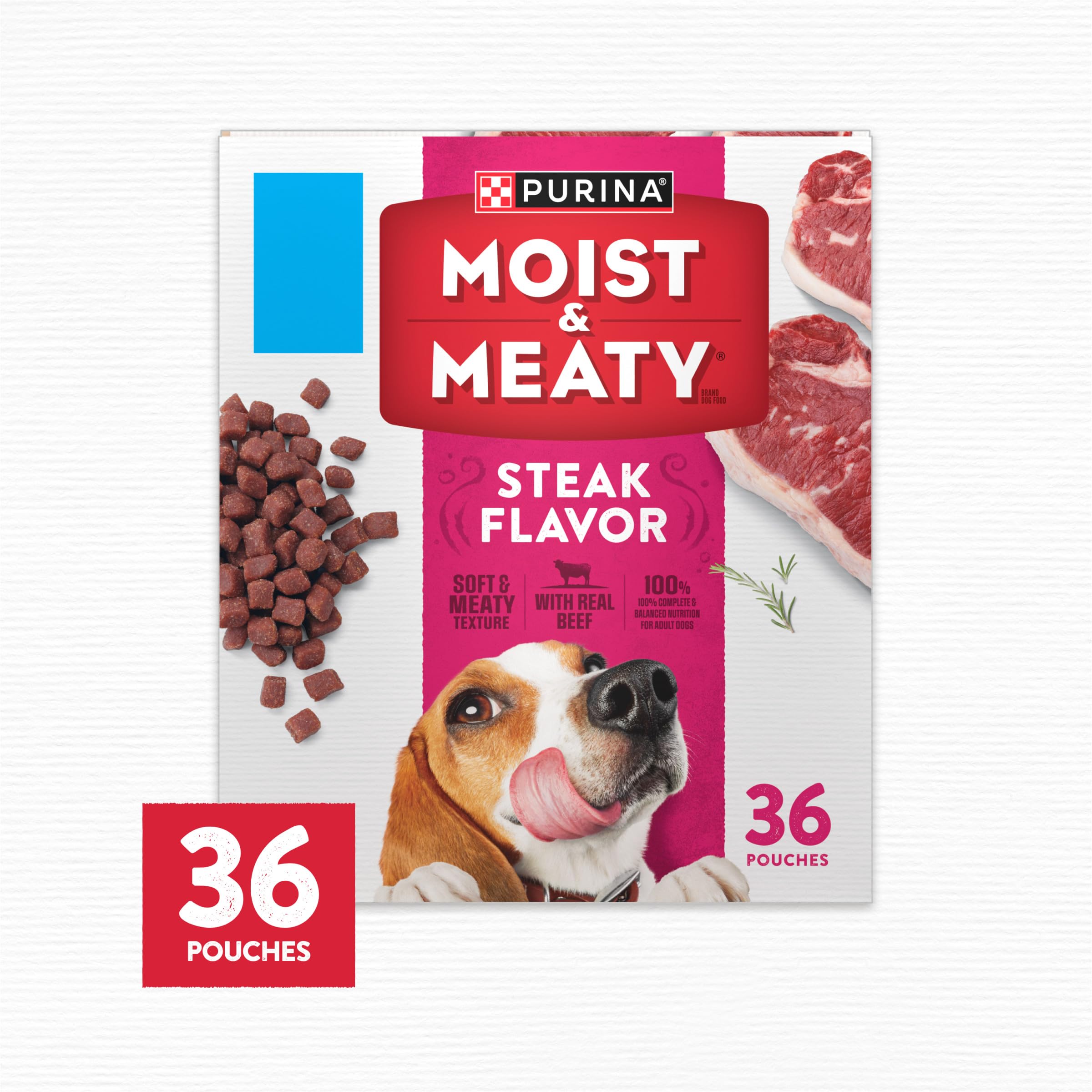 Chien dégustant Purina Moist & Meaty illustrant appétence et satisfaction