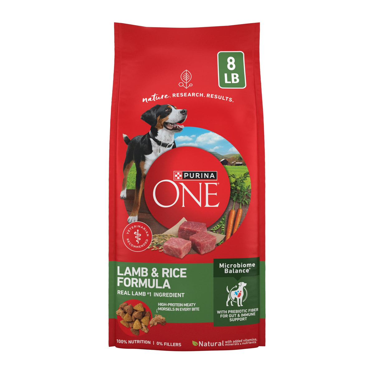 Purina ONE sac 8 lb en avant, emballage visible et bénéfice fraîcheur