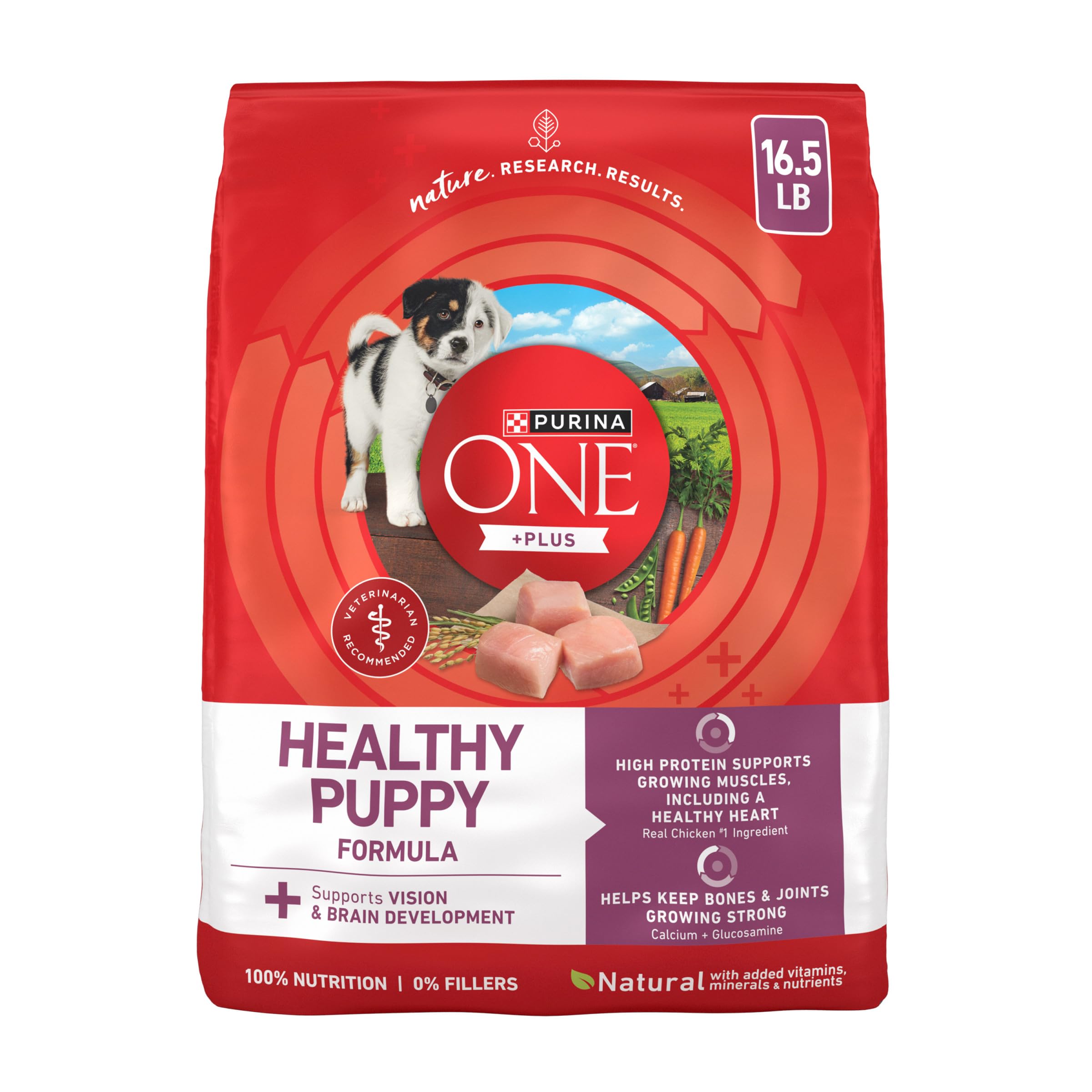 Purina ONE sac face montrant formule pour chiots et bénéfice nutritionnel