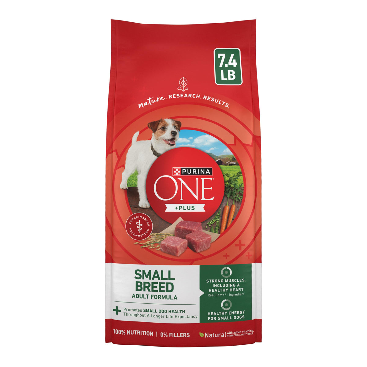 Purina ONE packaging 7,4 lb montrant la marque et les bénéfices nutritionnels