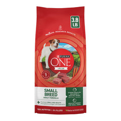 Purina ONE emballage avant 3,8 lb montrant le sac et ses bénéfices