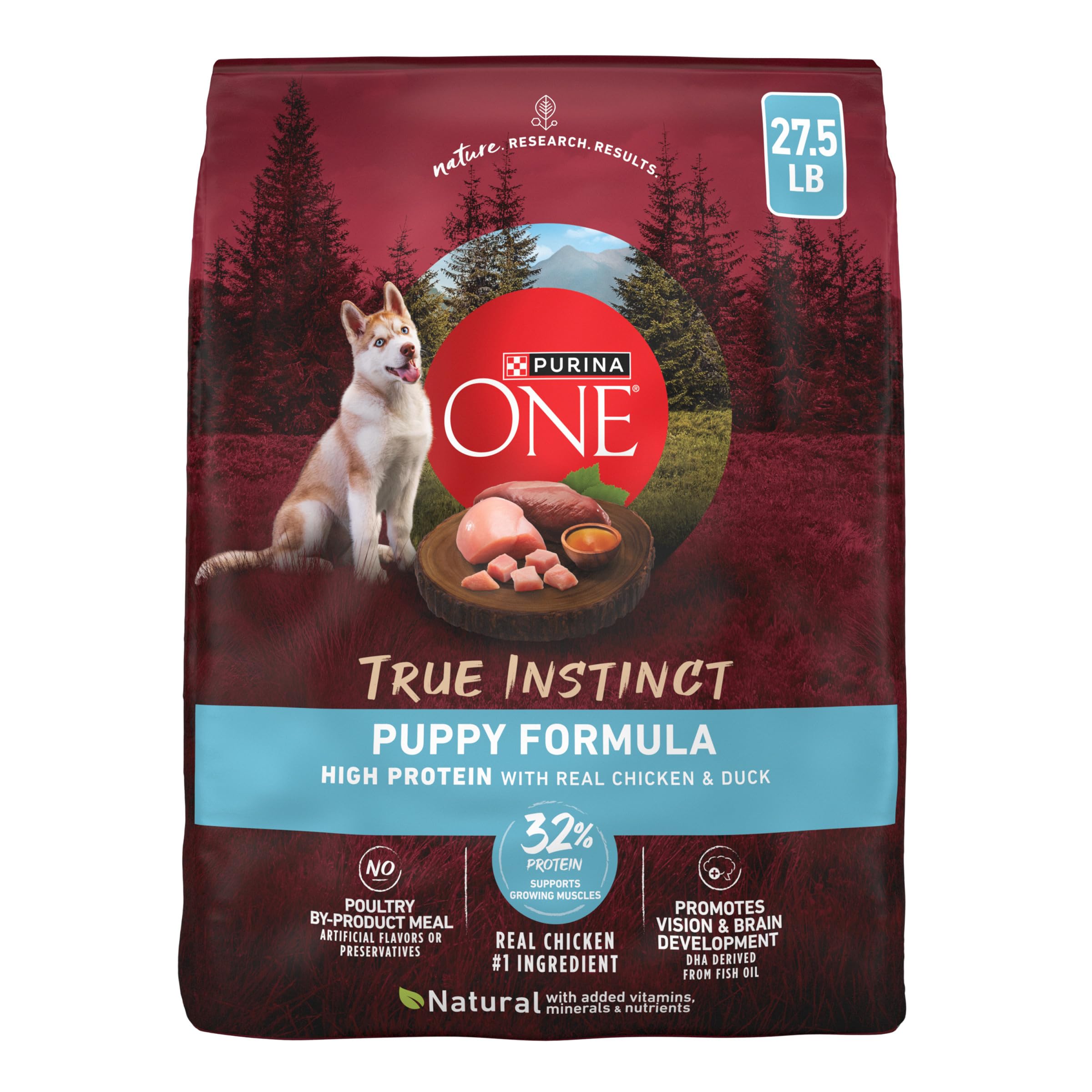 Purina ONE vue avant du sac 27,5 lb montrant la formule puppy et bénéfice nutritionnel